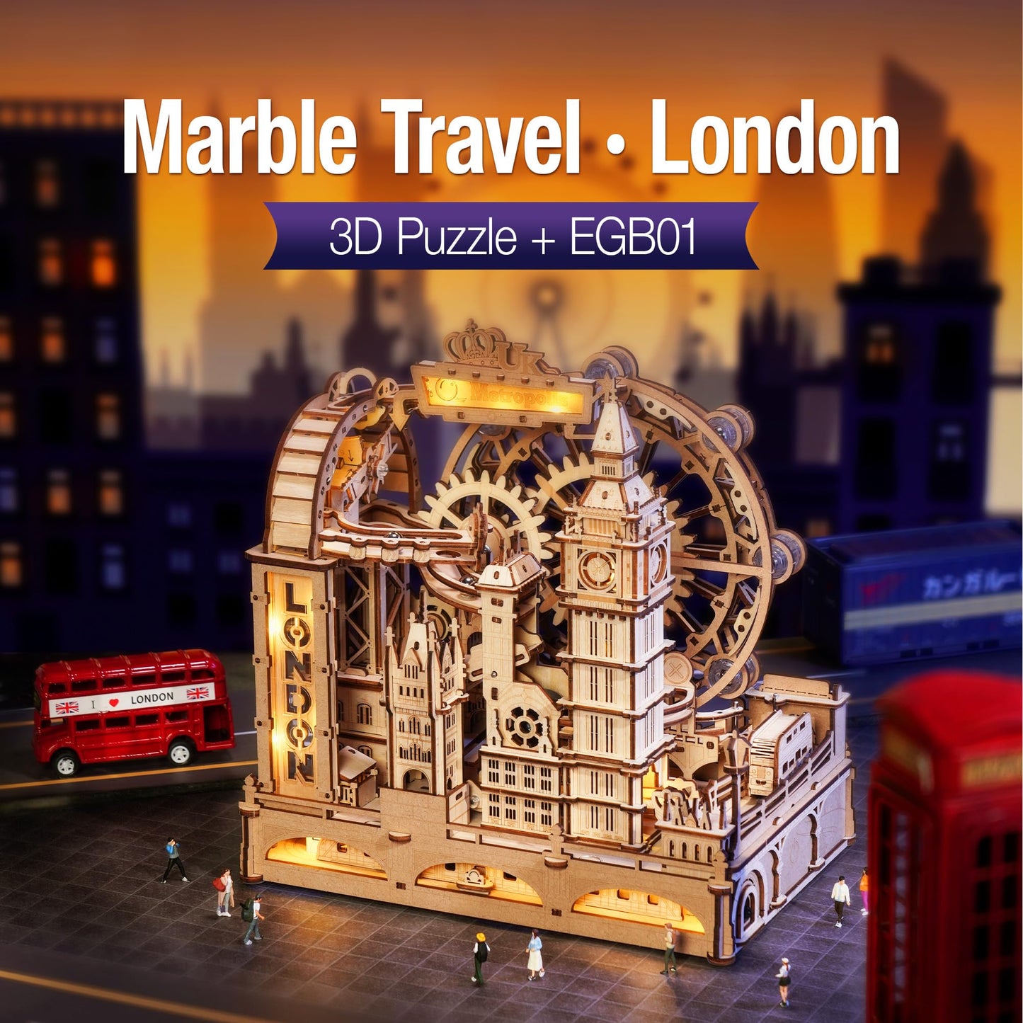 ROKR Marble Travel London – 3D Wooden Puzzle with LED Marble Run for Adults