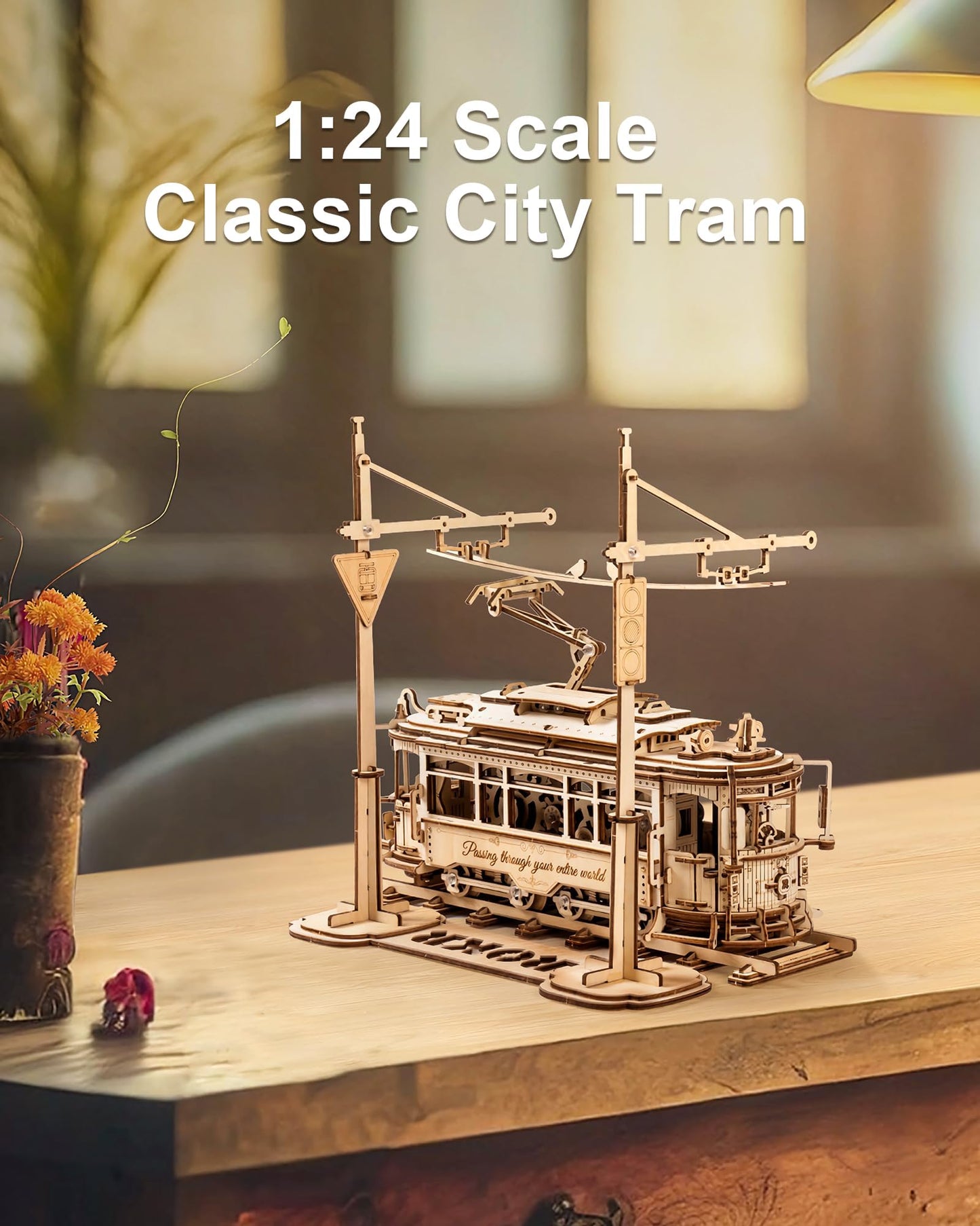 ROKR 3D Wooden Puzzle – Model Tram Car Kit for Adults | Build & Display Railway Toy