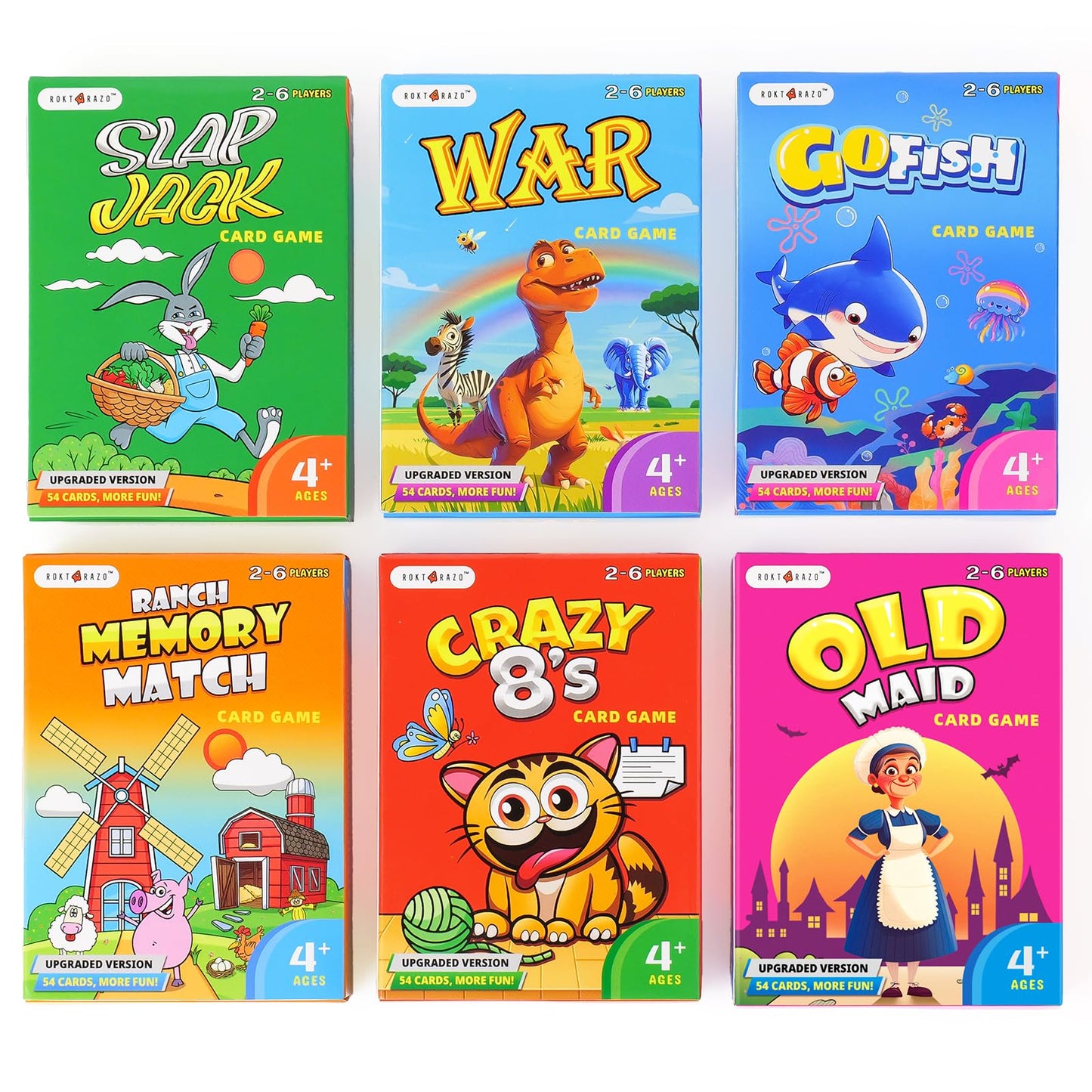 rokt&razo Upgraded Kids Card Games Pack — 6 Decks, 54 Cards Each, Portable Family Fun