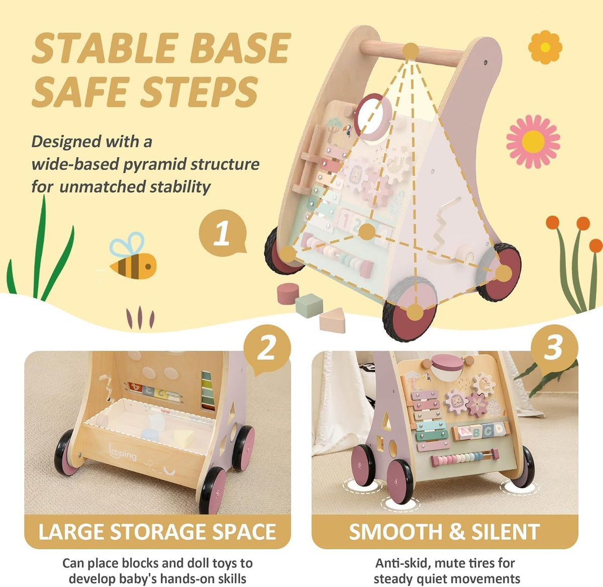 RolePlayCook Wooden Baby Walker with Anti-Tip Design – Montessori Activity Center for 6-18 Months