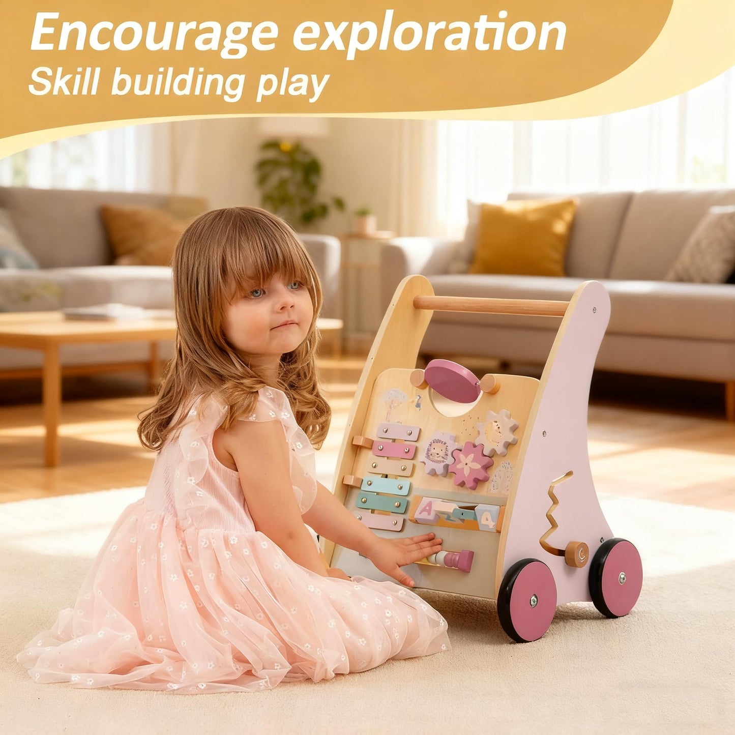 RolePlayCook Wooden Baby Walker with Anti-Tip Design – Montessori Activity Center for 6-18 Months