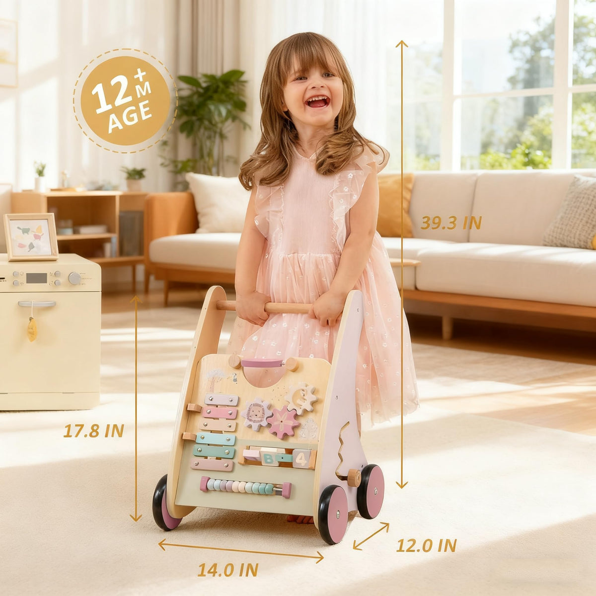 RolePlayCook Wooden Baby Walker with Anti-Tip Design – Montessori Activity Center for 6-18 Months