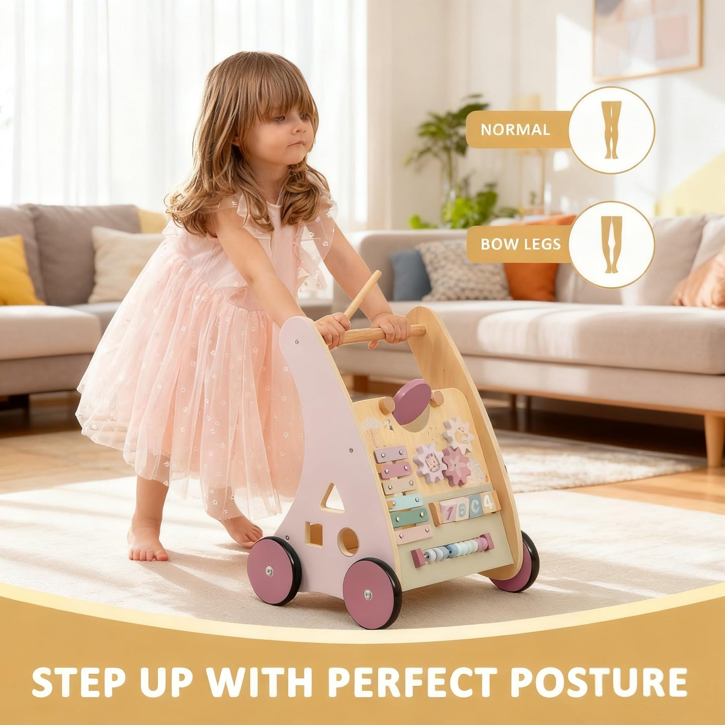 RolePlayCook Wooden Baby Walker with Anti-Tip Design – Montessori Activity Center for 6-18 Months