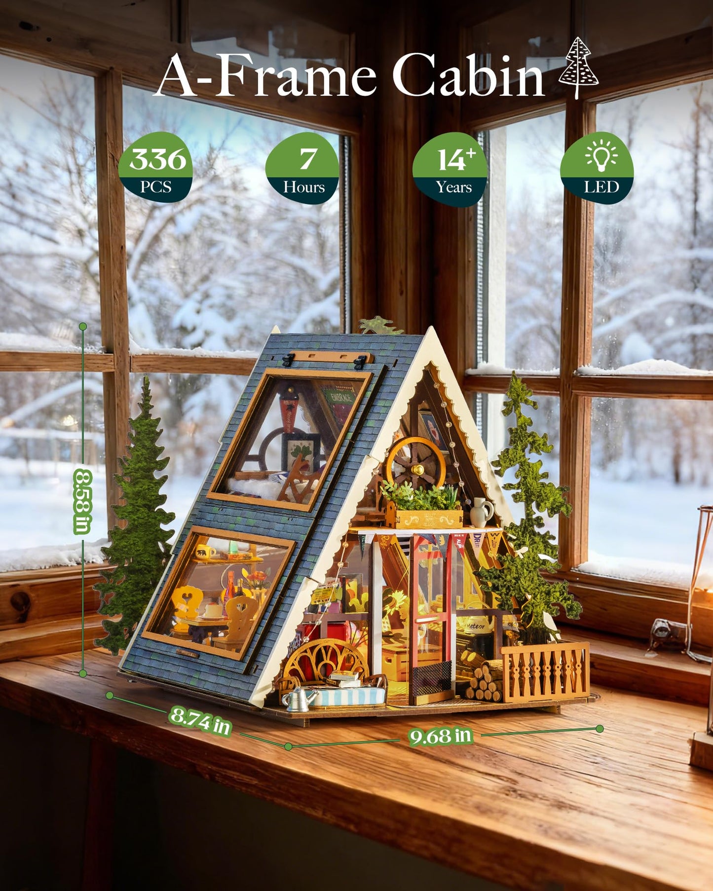 Rolife A-Frame Cabin Dollhouse Kit for Adults — DIY Miniature House, 336 Pieces, No Glue
