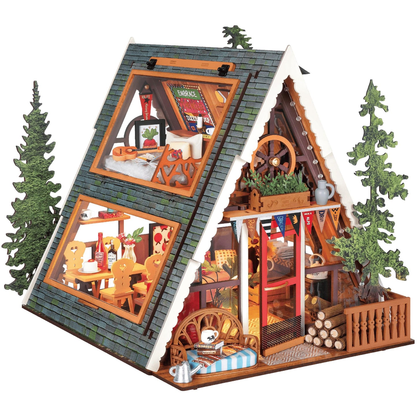 Rolife A-Frame Cabin Dollhouse Kit for Adults — DIY Miniature House, 336 Pieces, No Glue