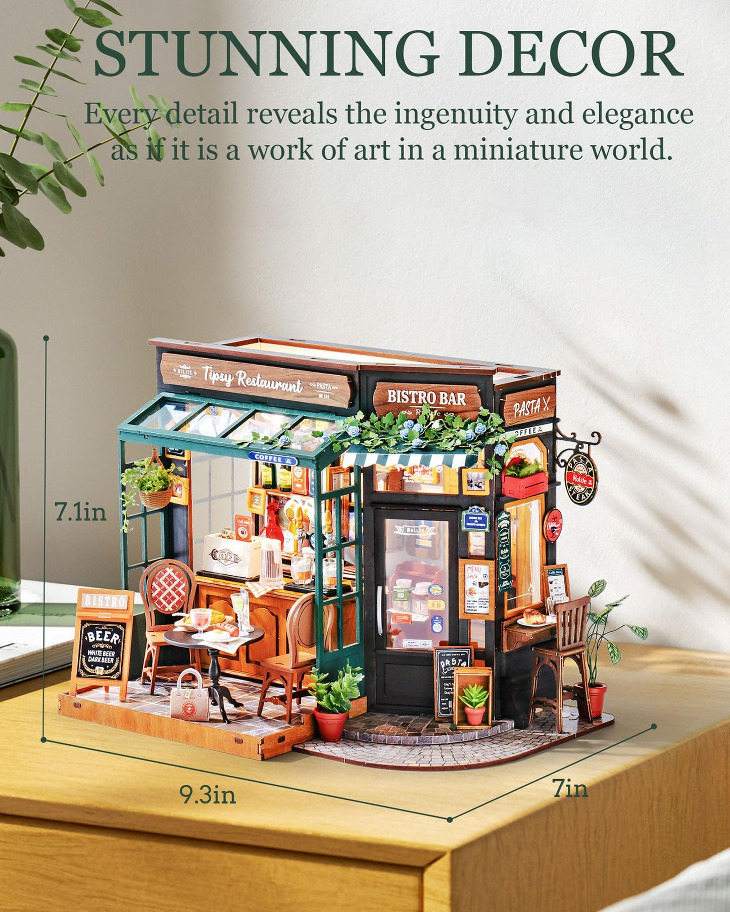Rolife DIY Miniature House Kit 1:18 Tipsy Restaurant – Coffee & Bar Dollhouse with LED Light