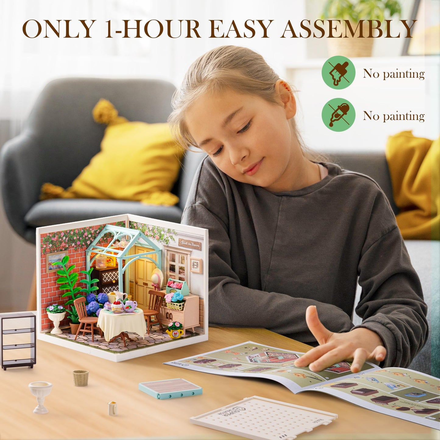 Rolife Blooming Tea Garden Miniature House Kit – Creative DIY Blocks for Teens & Adults