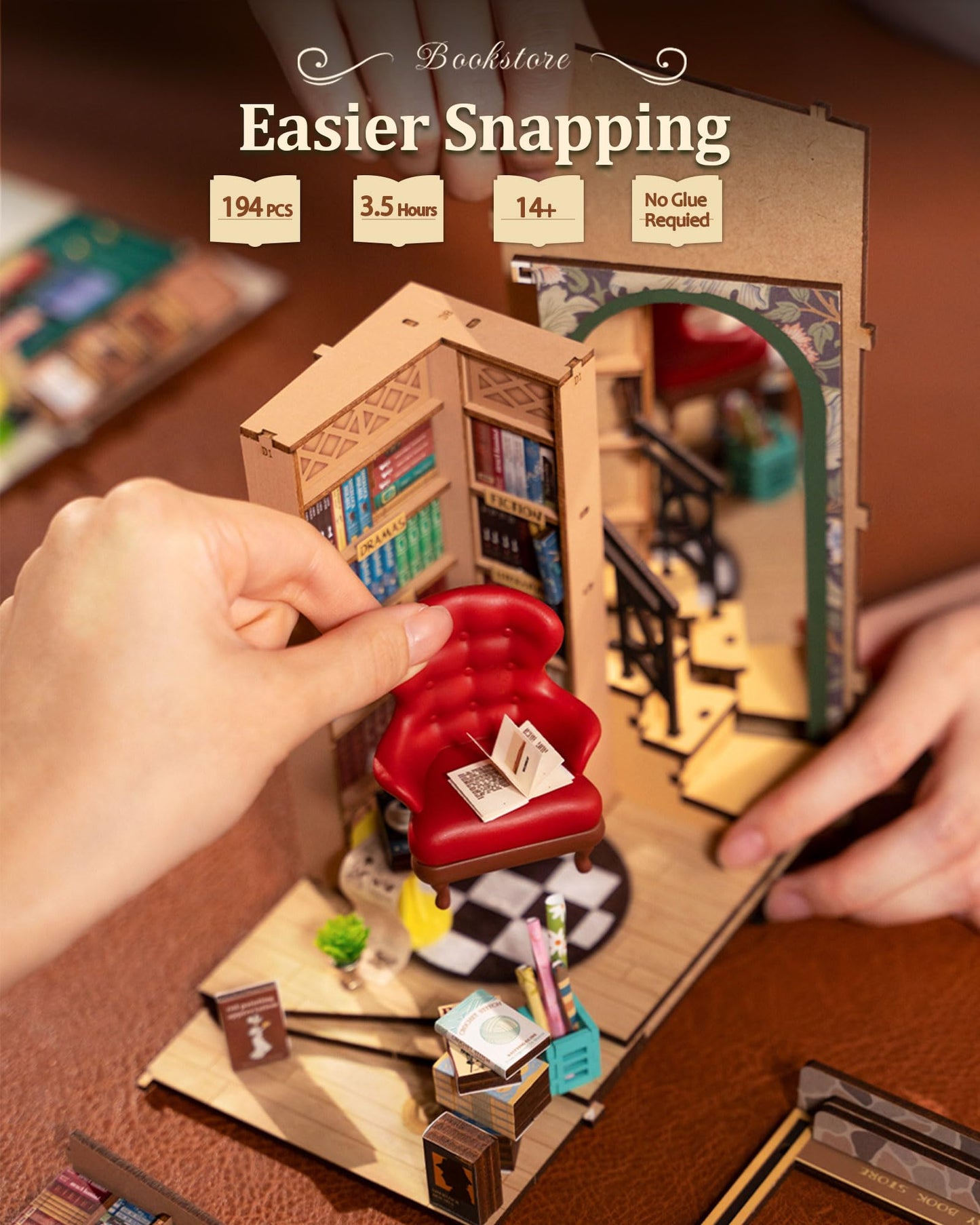 Rolife DIY Book Nook Kit – 3D Wooden Bookstore Miniature with LED Lights for Adults | Easy Weekend Craft