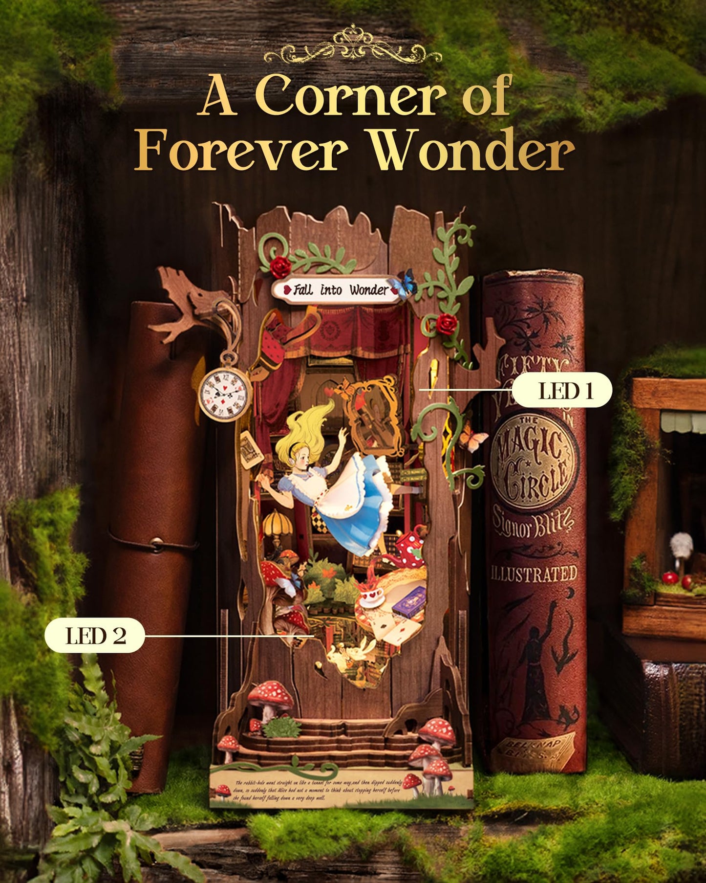 Rolife Book Nook Kit Fall into Wonder — 9.9-inch Tree Hollow 3D Wooden Puzzle with LEDs