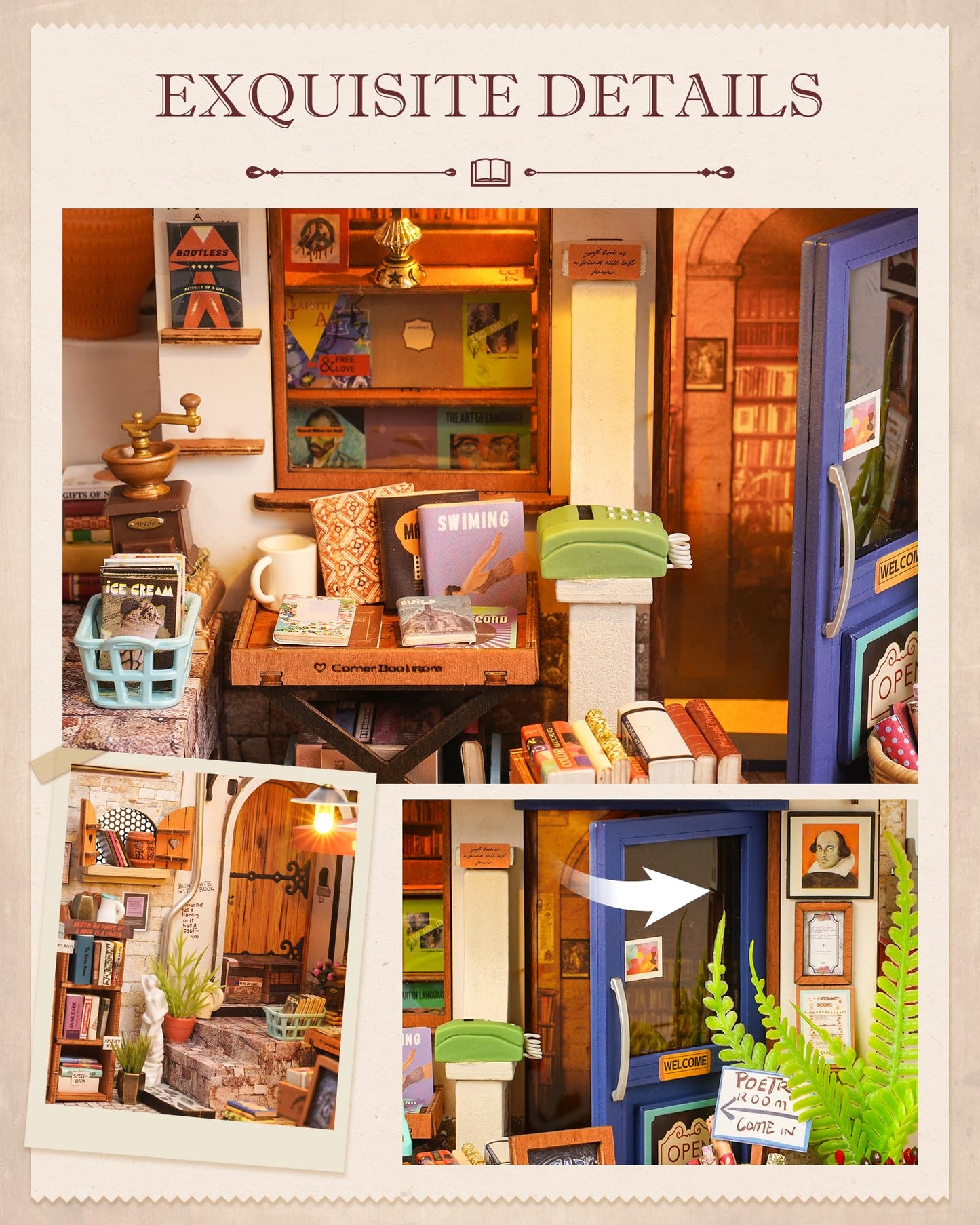 Rolife DIY Miniature Bookstore Kit 1:20 | LED-Lighted Dollhouse Craft for Adults