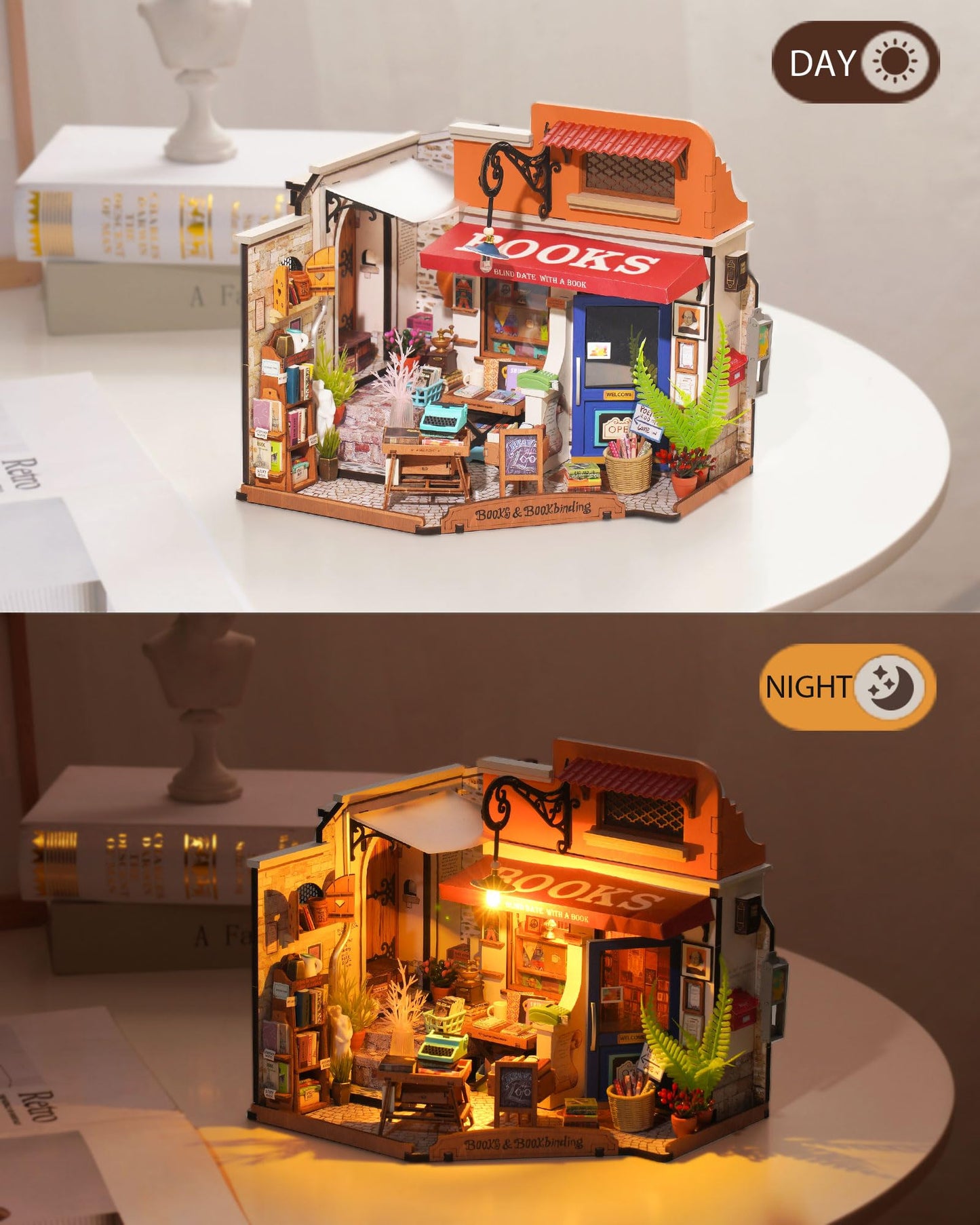 Rolife DIY Miniature Bookstore Kit 1:20 | LED-Lighted Dollhouse Craft for Adults