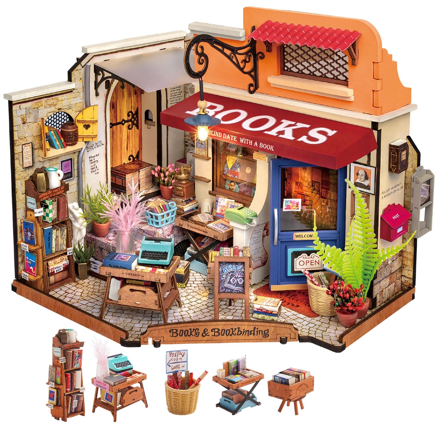 Rolife DIY Miniature Bookstore Kit 1:20 | LED-Lighted Dollhouse Craft for Adults