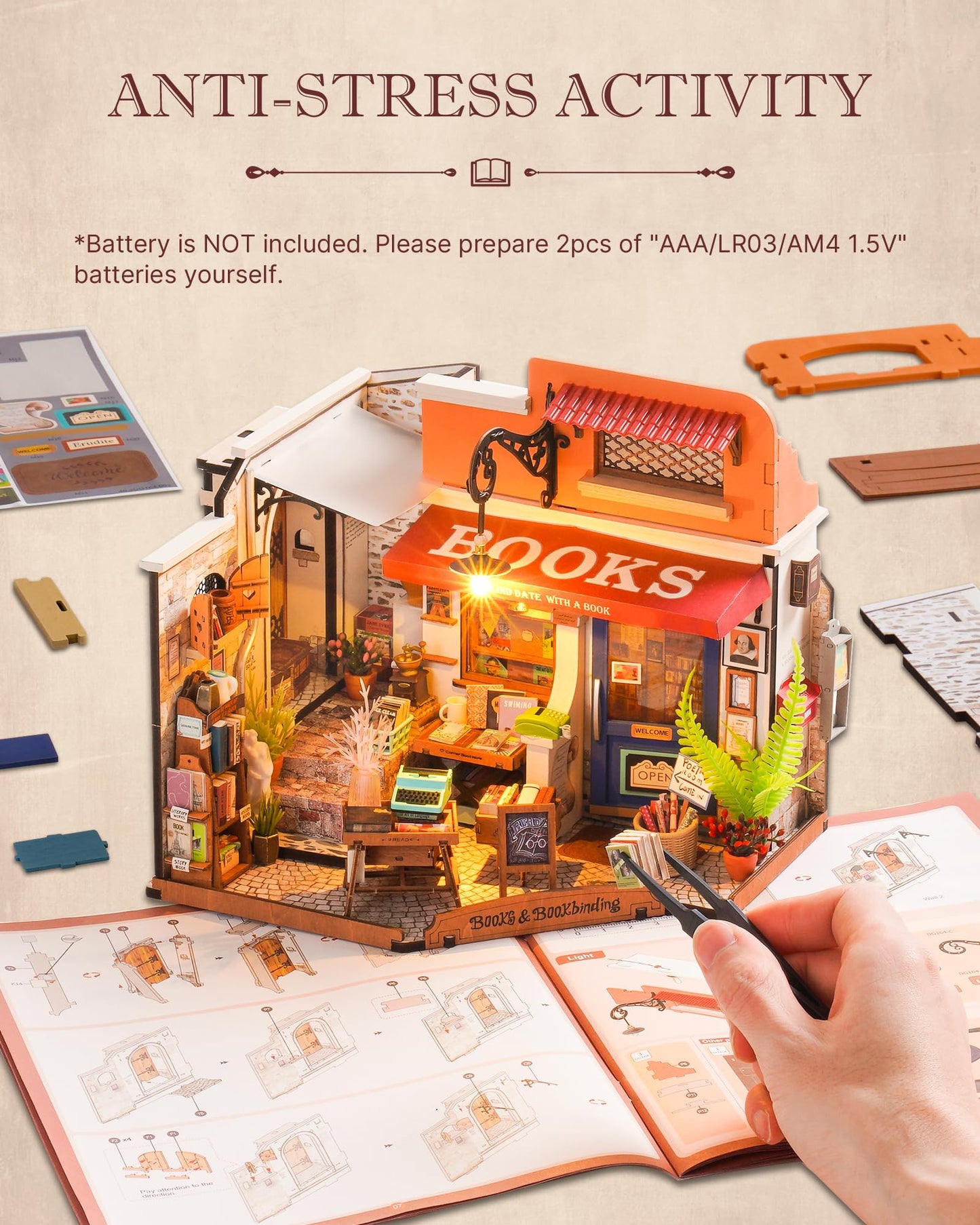 Rolife DIY Miniature Bookstore Kit 1:20 | LED-Lighted Dollhouse Craft for Adults