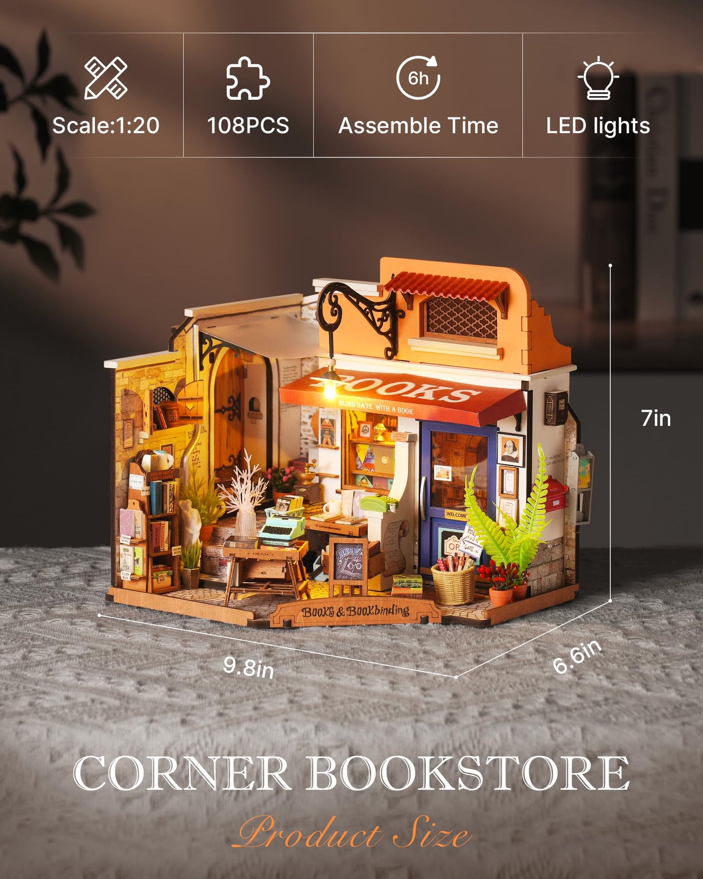 Rolife DIY Miniature Bookstore Kit 1:20 | LED-Lighted Dollhouse Craft for Adults