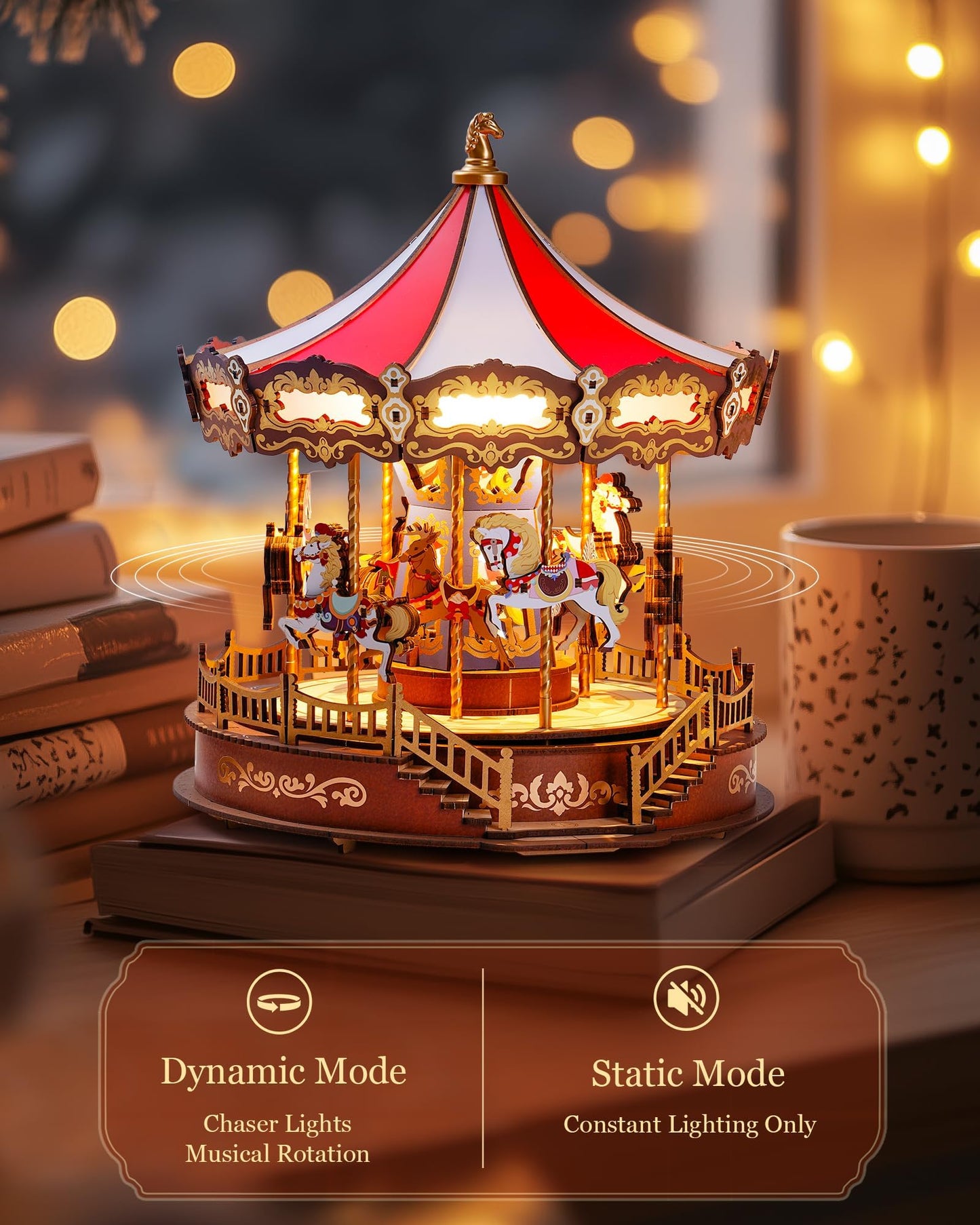 Rolife Wooden 3D Carousel Puzzle – DIY Music Box with Lights (11.6 in) for Adults