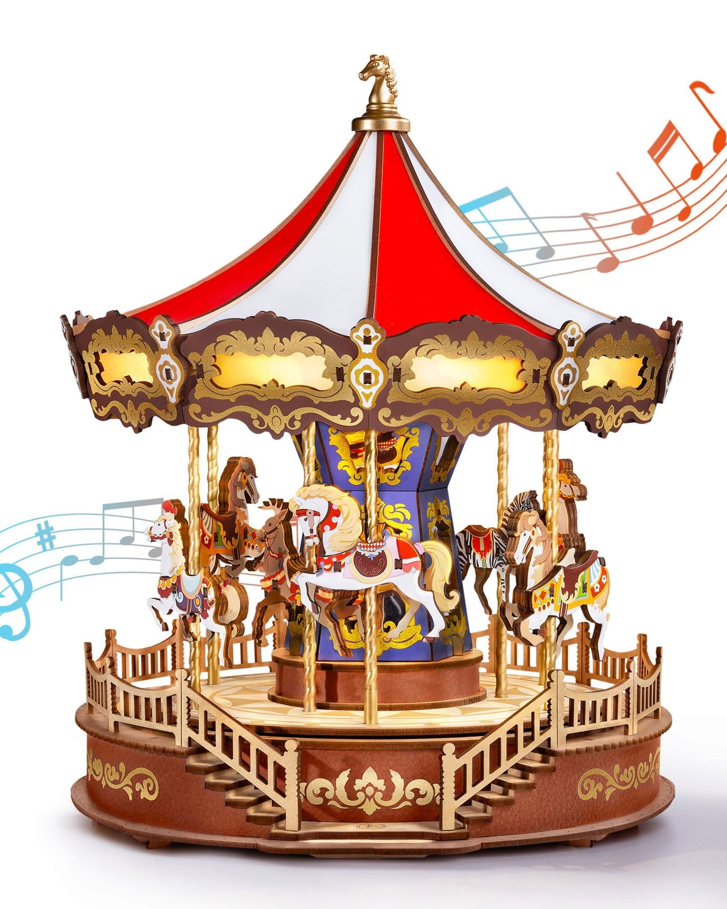 Rolife Wooden 3D Carousel Puzzle – DIY Music Box with Lights (11.6 in) for Adults