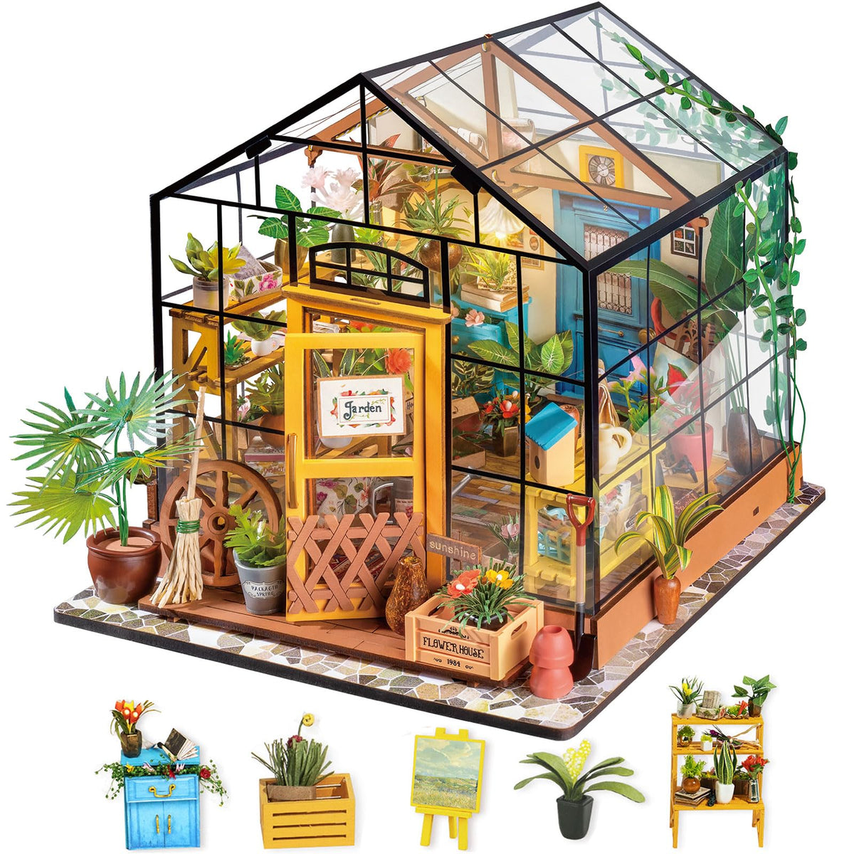 Rolife Cathy’s Flower House — 1/18 Greenhouse DIY Kit with LED Lights