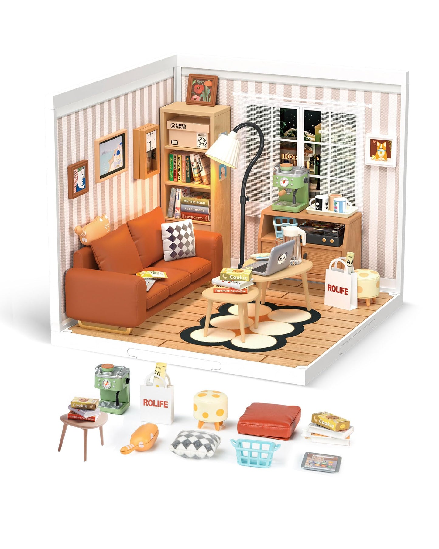Rolife DIY Miniature House with LED – Cozy Living Lounge Diorama Kit for Adults