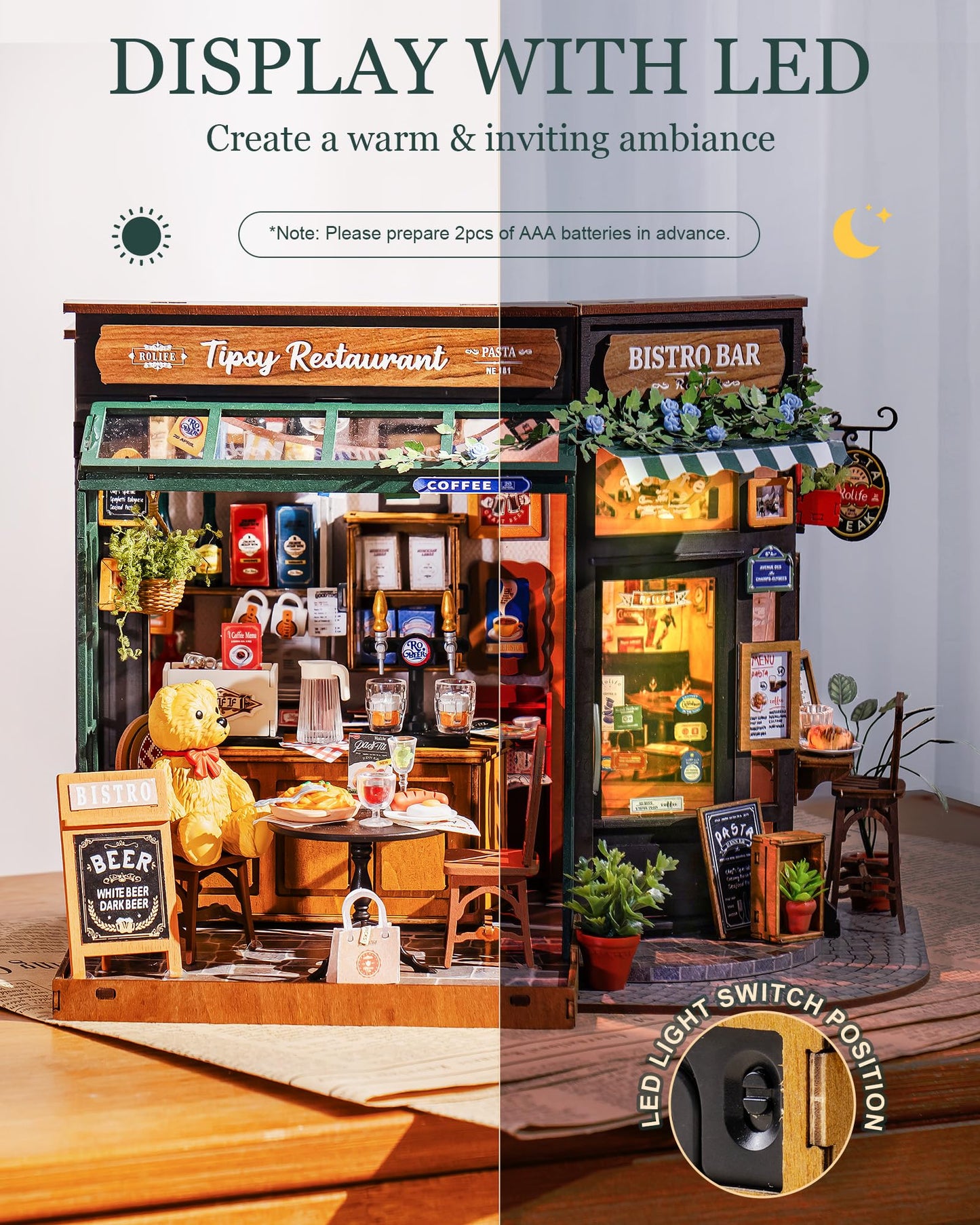 Rolife DIY Miniature House Kit 1:18 Tipsy Restaurant – Coffee & Bar Dollhouse with LED Light