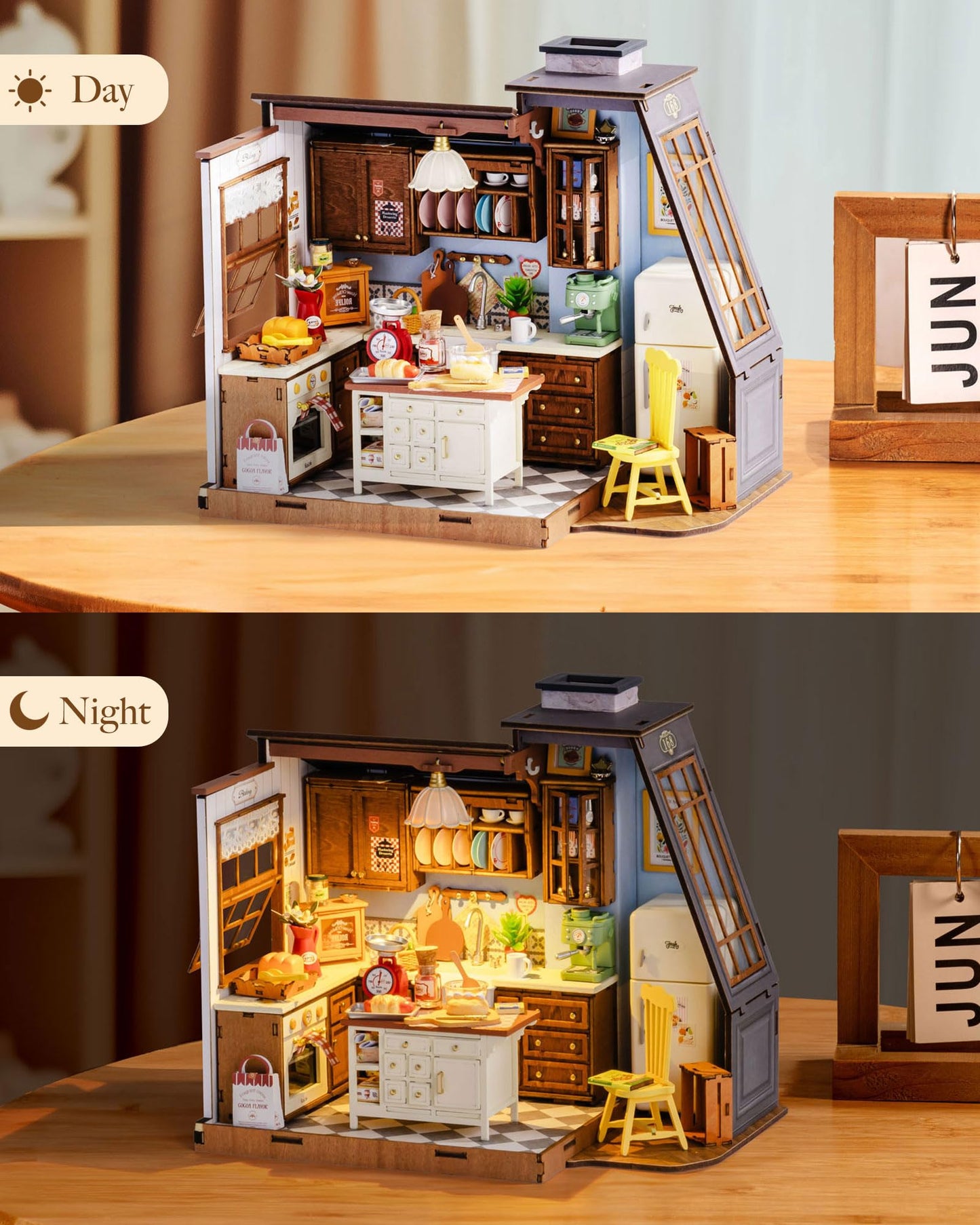 Rolife DIY Dollhouse Kitchen Kit 1:18 – Pitched Roof, Dual Lighting, Mini Diorama
