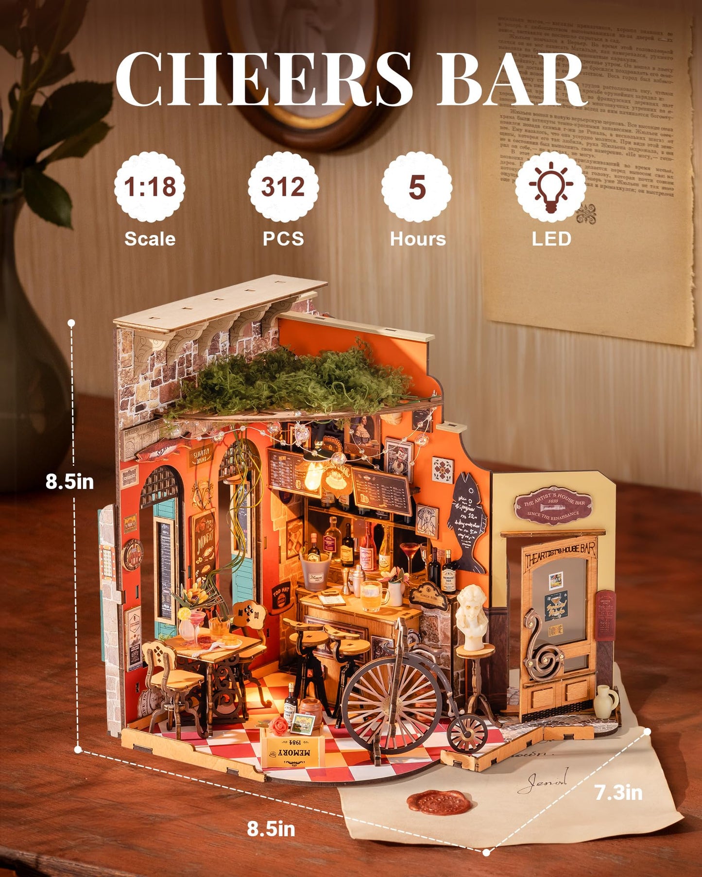 Rolife Cheers Bar Dining DIY Miniature Kit – 3D Book Nook for Adults