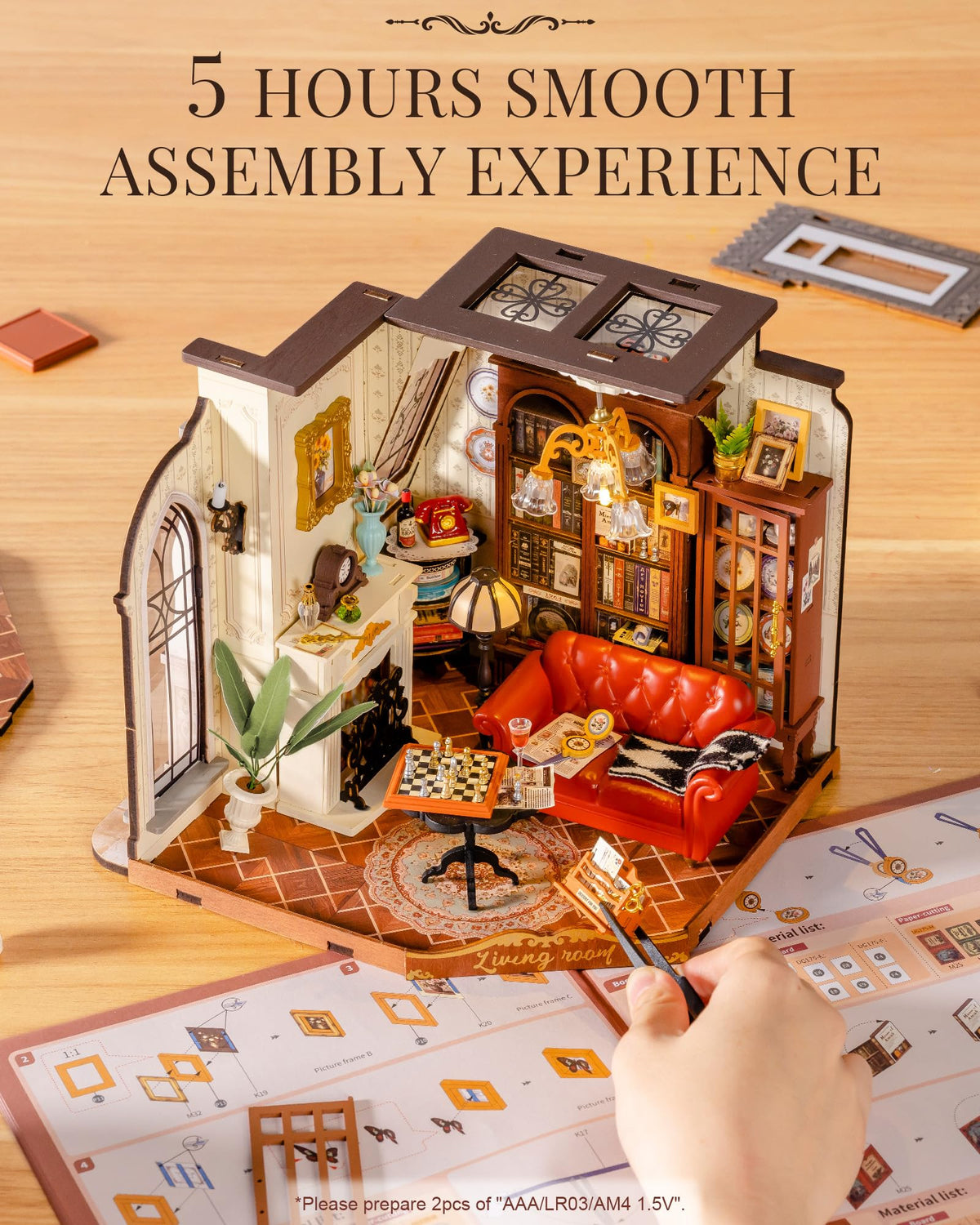 Rolife DIY Miniature House Kit for Adults – Mini Wooden Dollhouse with LED Lighting (Catherine's Living Room)
