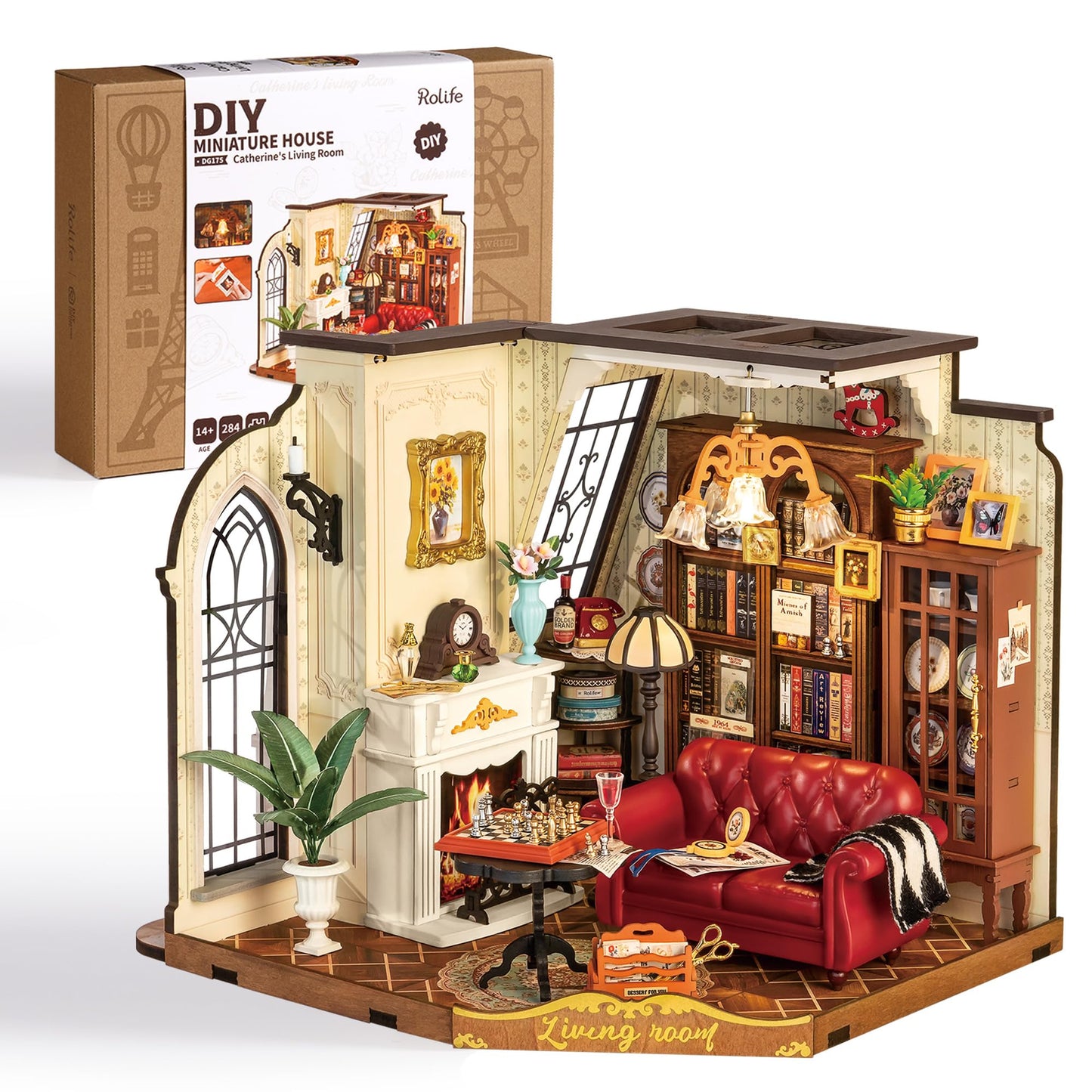 Rolife DIY Miniature House Kit for Adults – Mini Wooden Dollhouse with LED Lighting (Catherine's Living Room)