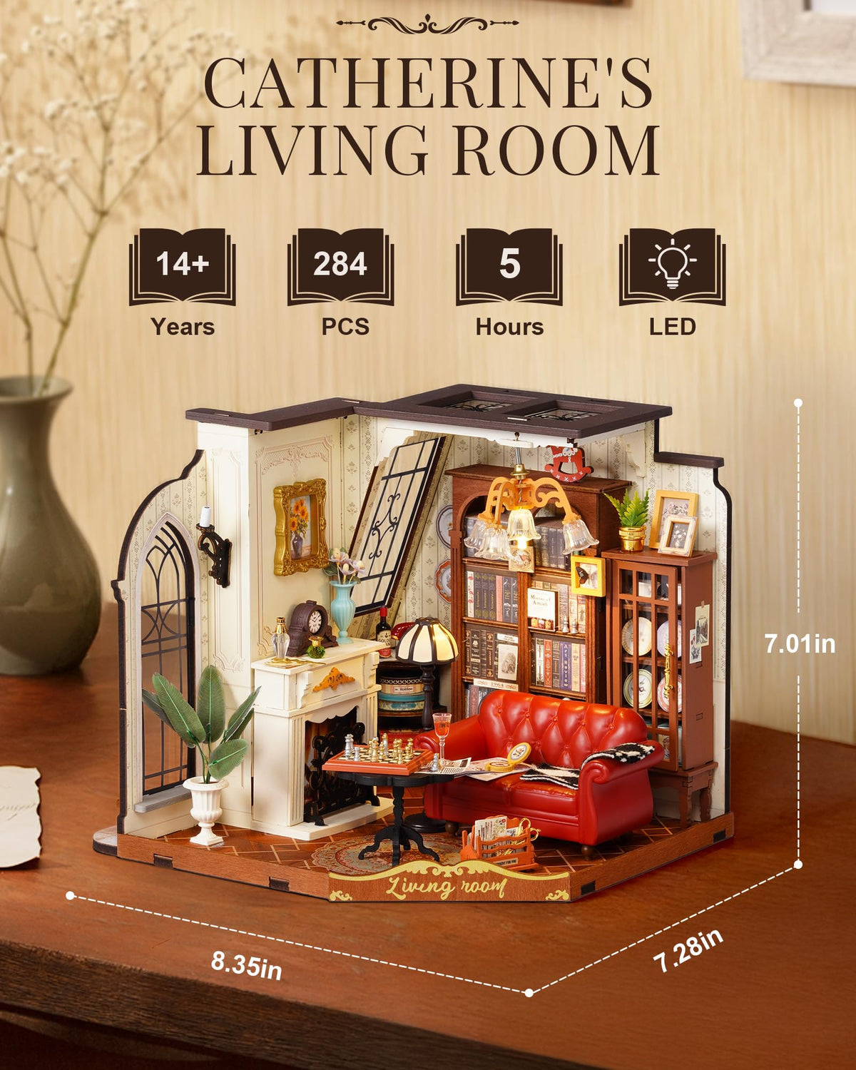 Rolife DIY Miniature House Kit for Adults – Mini Wooden Dollhouse with LED Lighting (Catherine's Living Room)