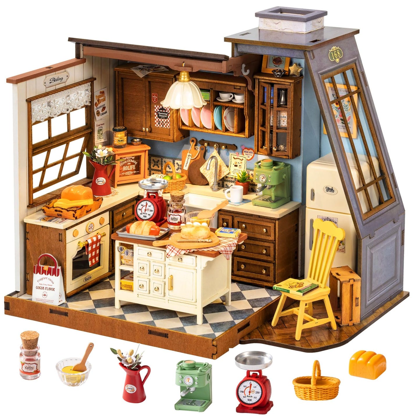 Rolife DIY Dollhouse Kitchen Kit 1:18 – Pitched Roof, Dual Lighting, Mini Diorama
