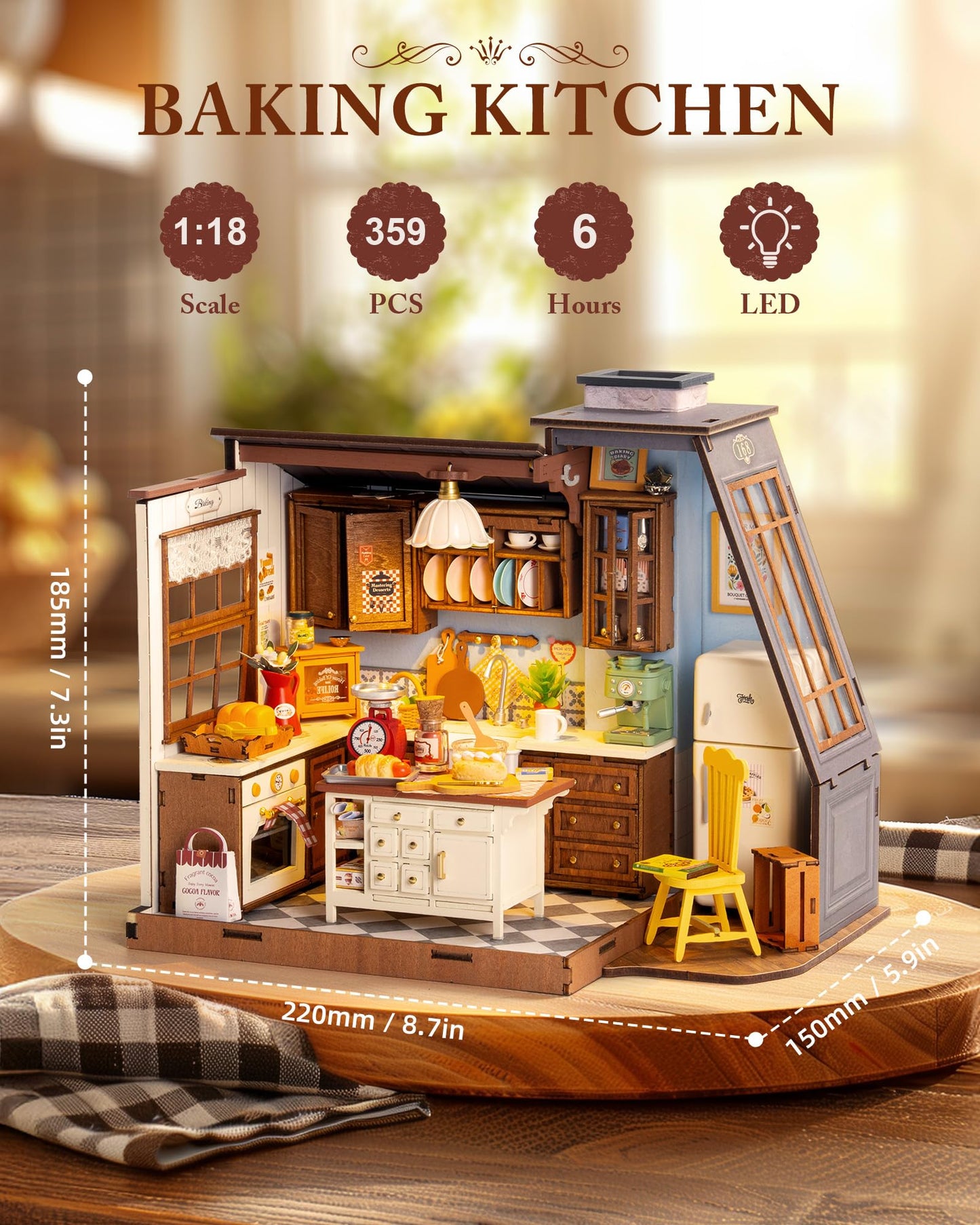 Rolife DIY Dollhouse Kitchen Kit 1:18 – Pitched Roof, Dual Lighting, Mini Diorama
