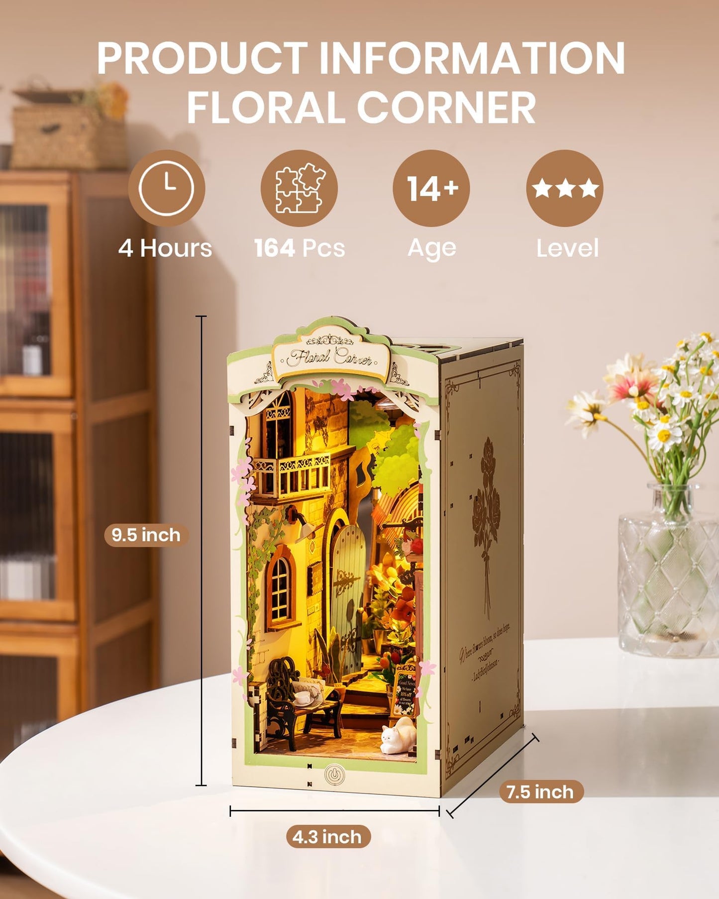 Rolife DIY Book Nook Kits for Adults — 3D Wooden Puzzle with LED Lights, Flower Corner Diorama
