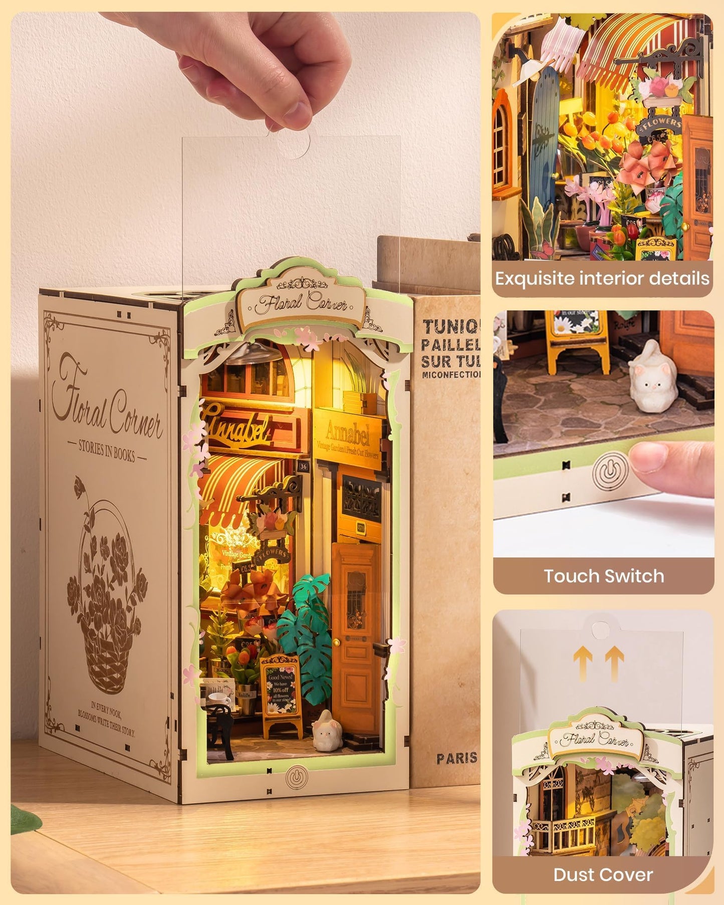 Rolife DIY Book Nook Kits for Adults — 3D Wooden Puzzle with LED Lights, Flower Corner Diorama