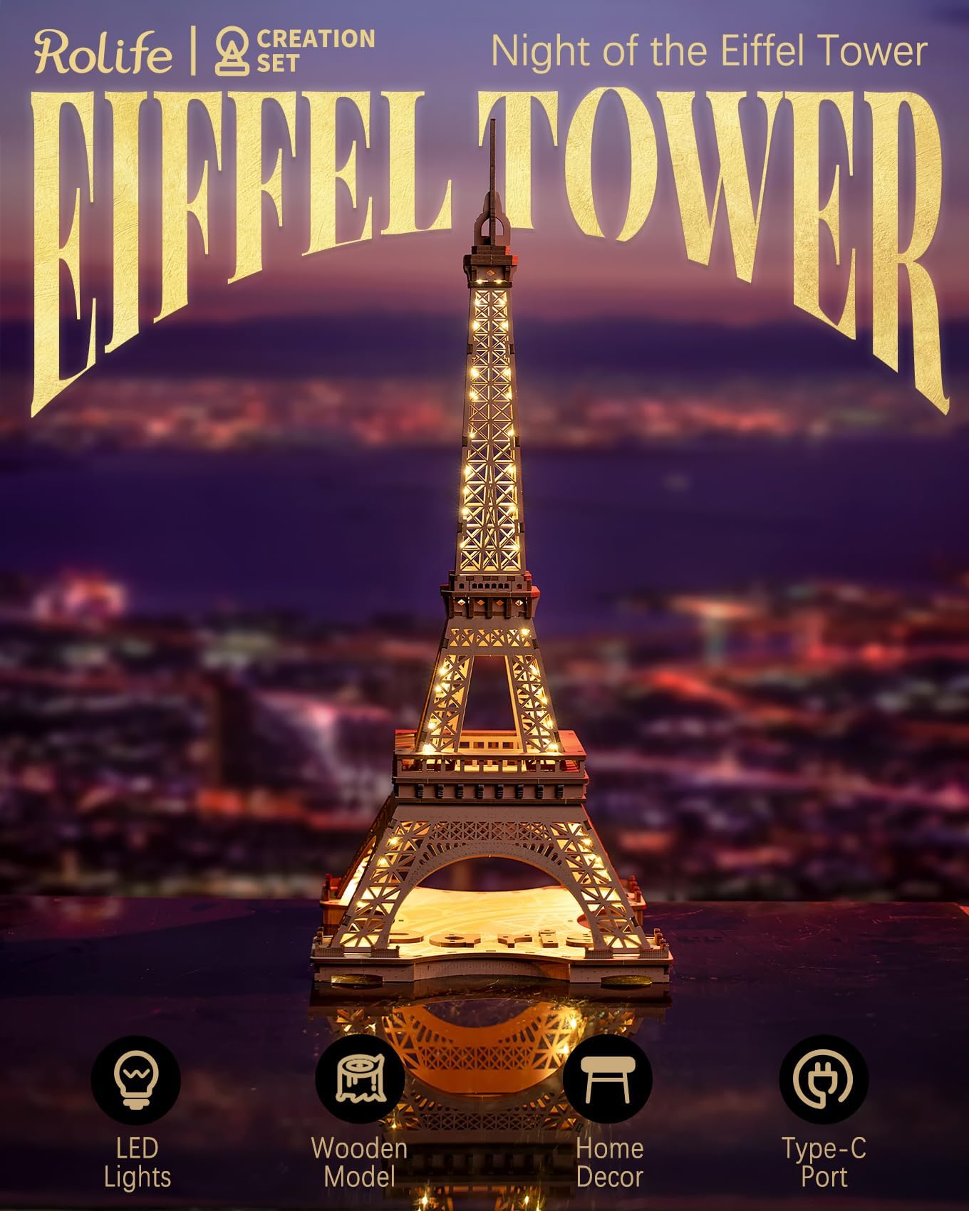Rolife 3D Eiffel Tower Puzzle for Adults with LED Lights | Large Paris Architecture Kit