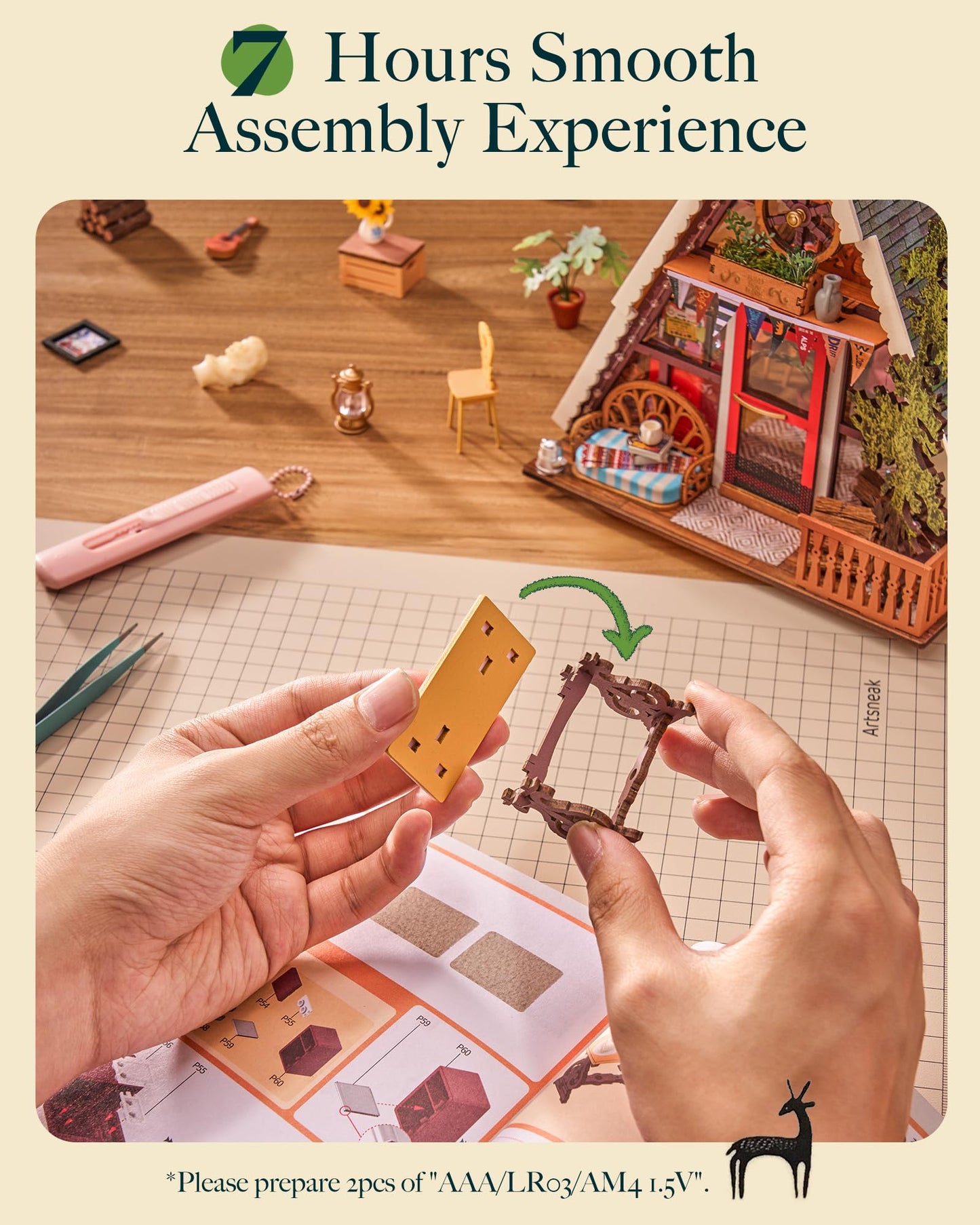 Rolife A-Frame Cabin Dollhouse Kit for Adults — DIY Miniature House, 336 Pieces, No Glue
