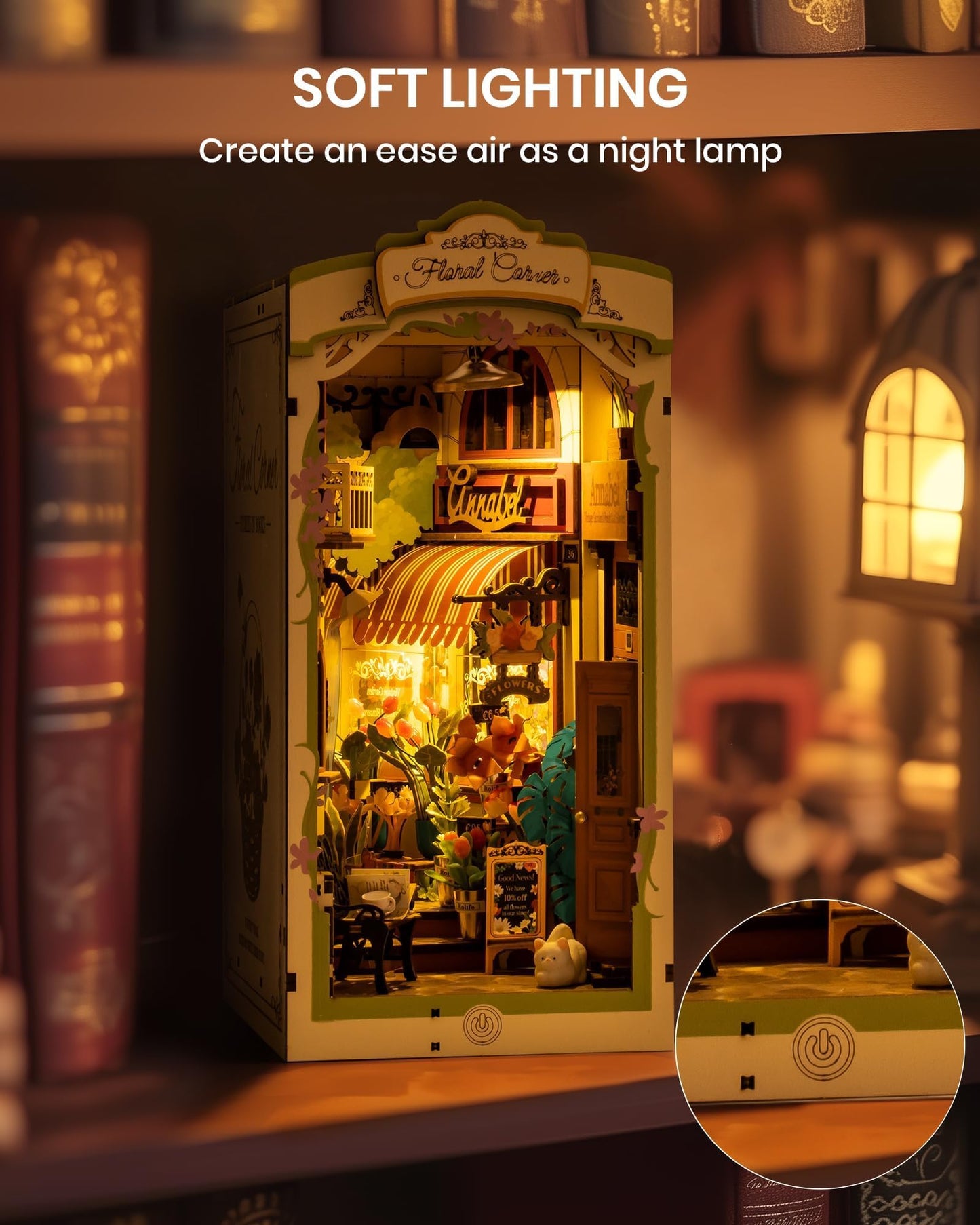 Rolife DIY Book Nook Kits for Adults — 3D Wooden Puzzle with LED Lights, Flower Corner Diorama