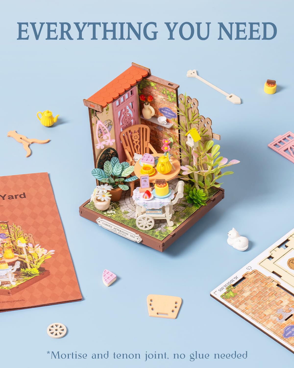 Rolife Fancy Tea Yard Miniature Kit – DIY Building House for Mini Bookshelf Decor