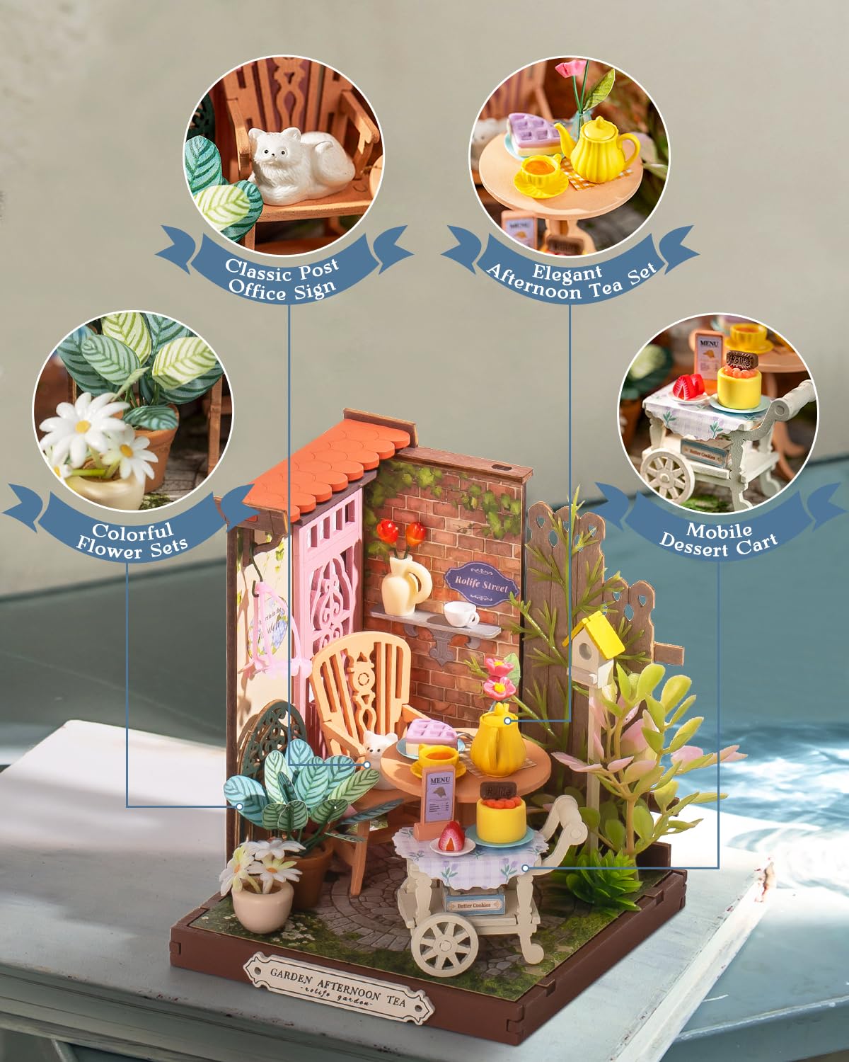 Rolife Fancy Tea Yard Miniature Kit – DIY Building House for Mini Bookshelf Decor