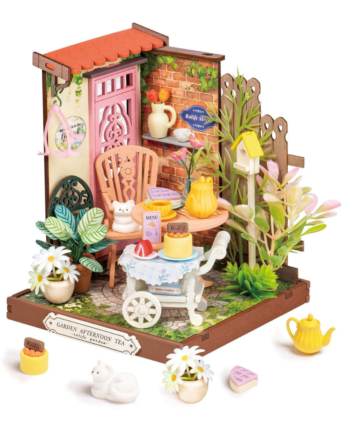 Rolife Fancy Tea Yard Miniature Kit – DIY Building House for Mini Bookshelf Decor