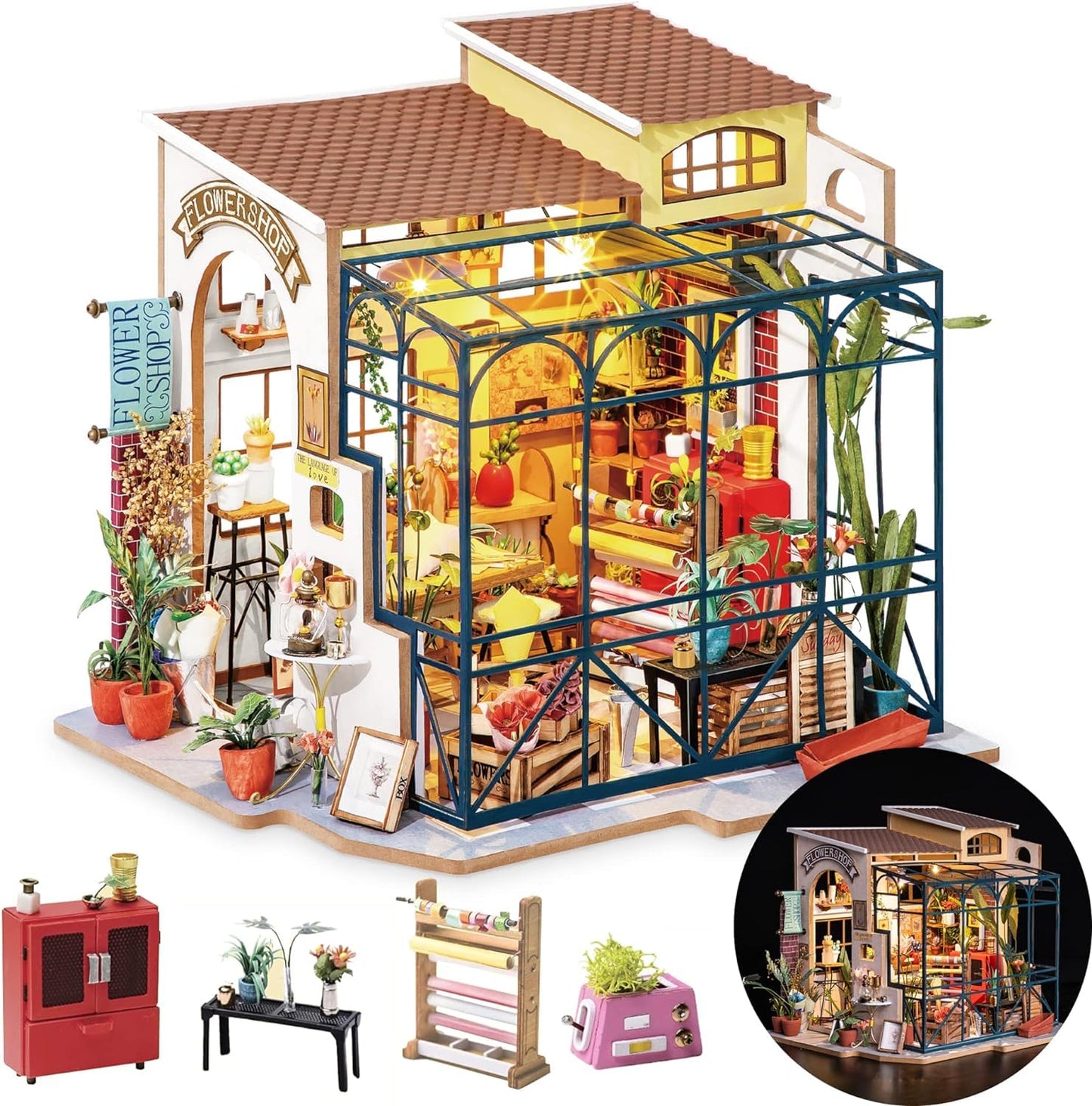 Rolife DIY Miniature Flower Shop Kit – Emily's Flower Shop, 1/24 Scale Dollhouse