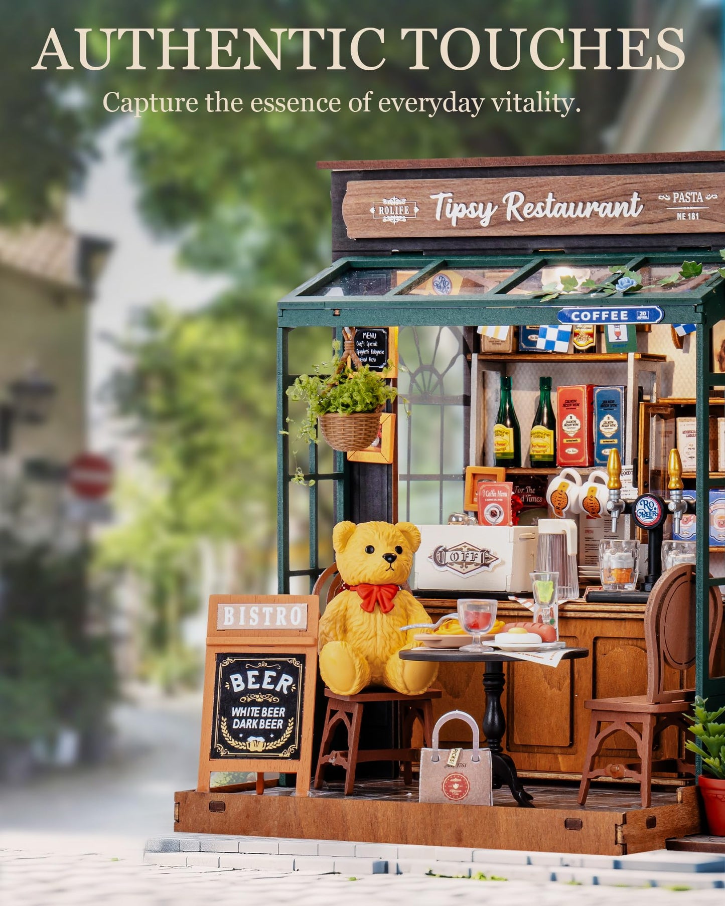 Rolife DIY Miniature House Kit 1:18 Tipsy Restaurant – Coffee & Bar Dollhouse with LED Light
