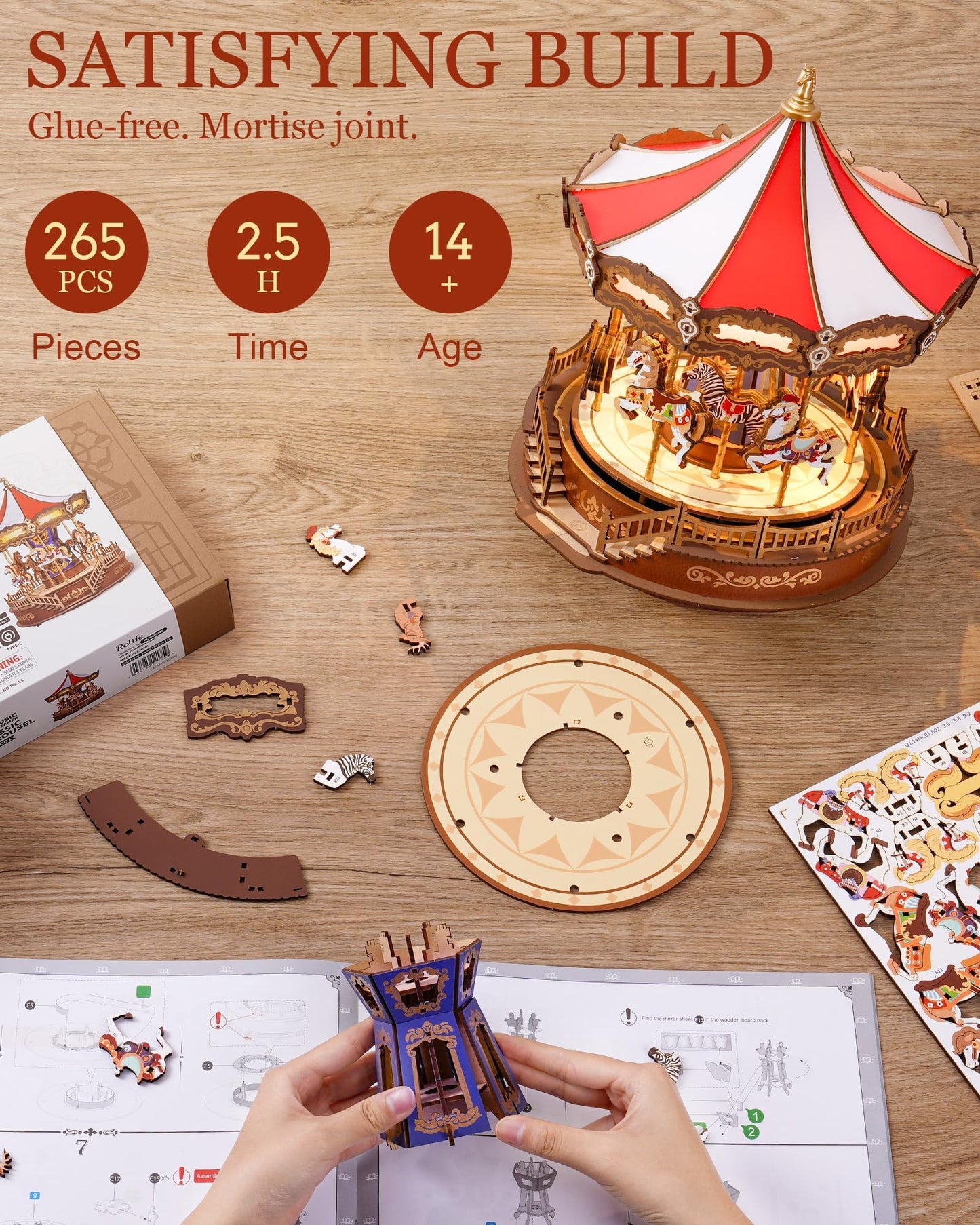 Rolife Wooden 3D Carousel Puzzle – DIY Music Box with Lights (11.6 in) for Adults