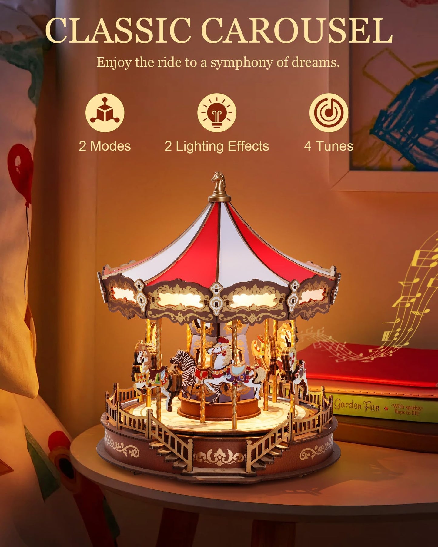 Rolife Wooden 3D Carousel Puzzle – DIY Music Box with Lights (11.6 in) for Adults