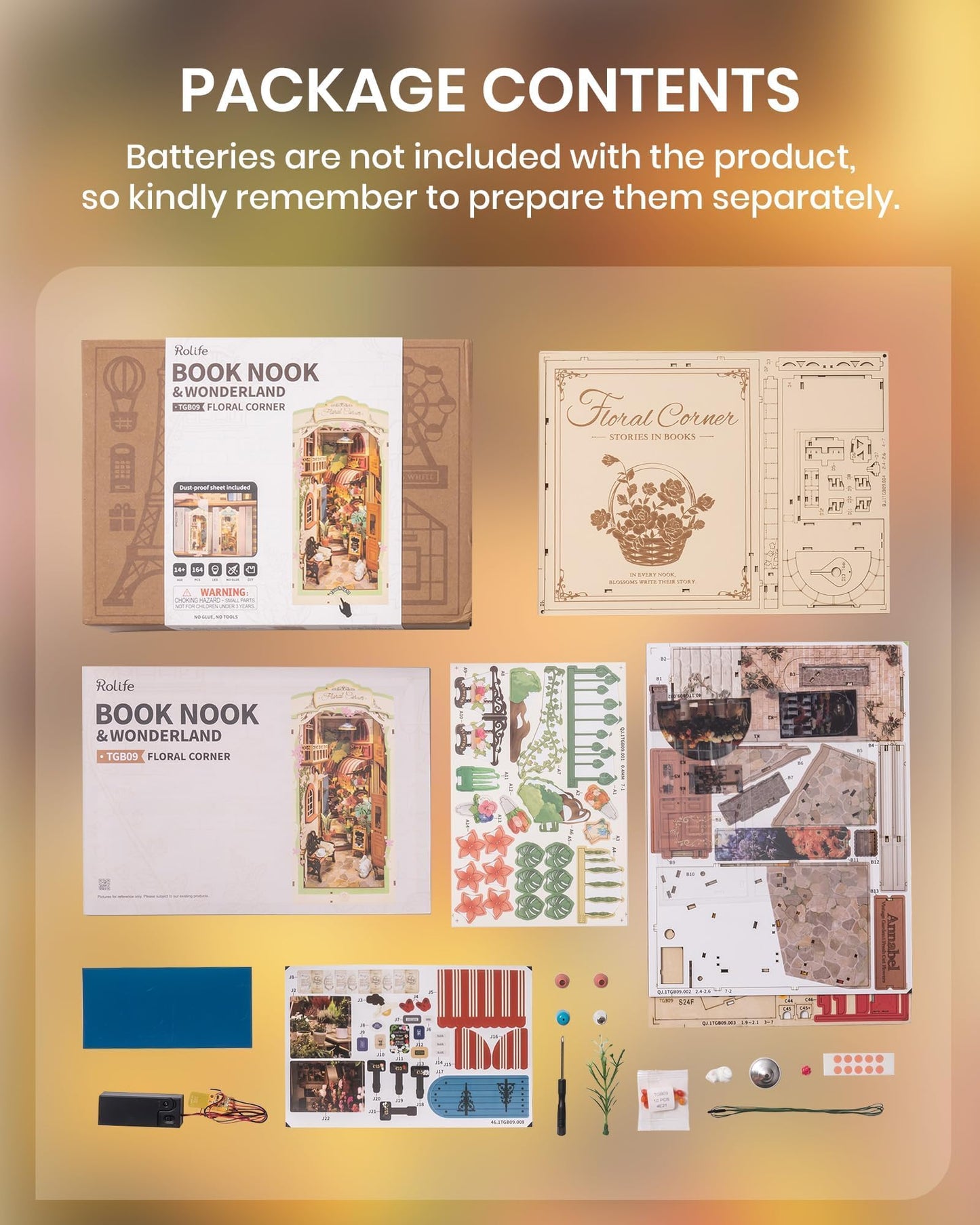 Rolife DIY Book Nook Kits for Adults — 3D Wooden Puzzle with LED Lights, Flower Corner Diorama