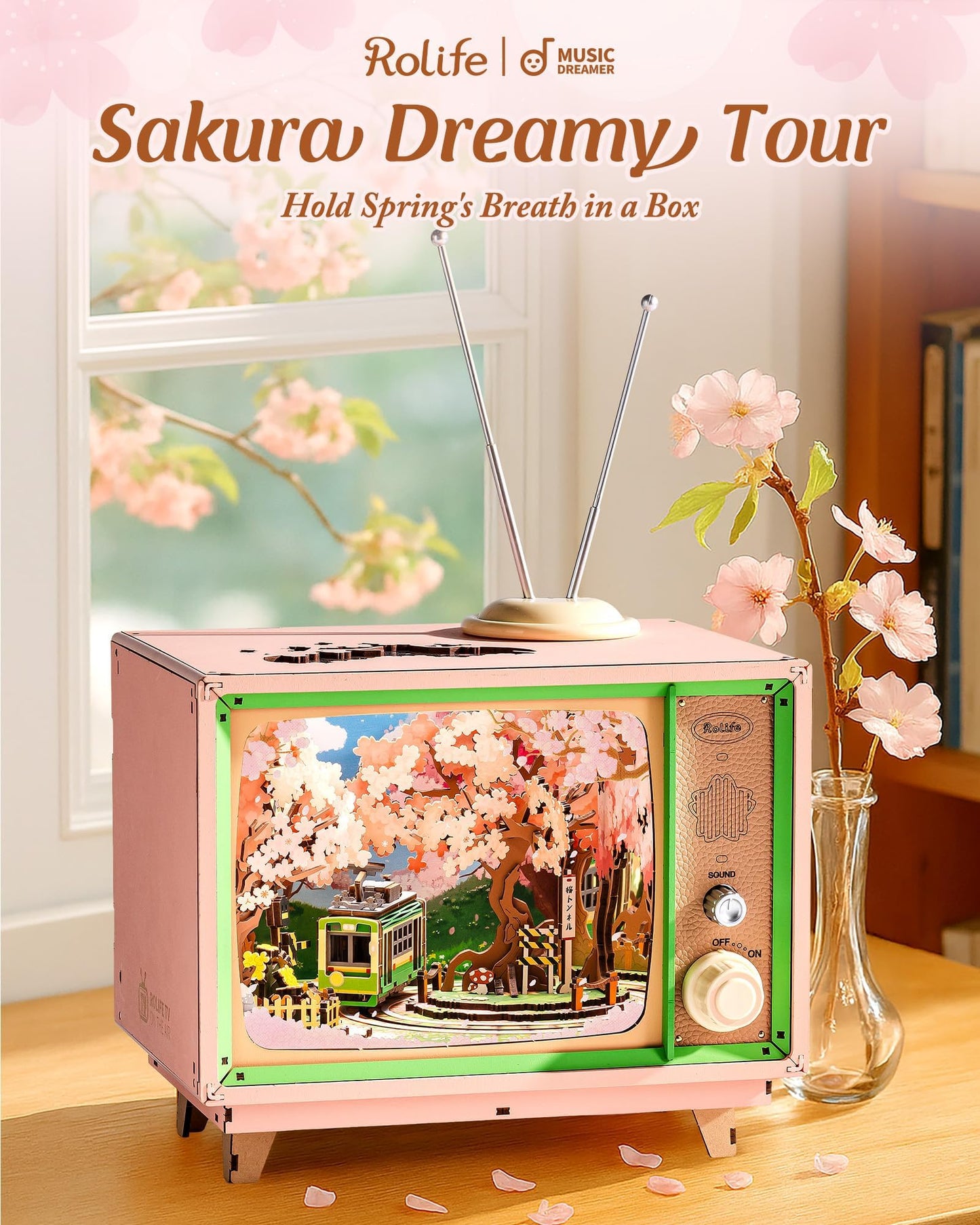 Rolife Sakura Dreamy Tour: 16" 3D Wooden Puzzle Book Nook Kit with Lights & Music Box