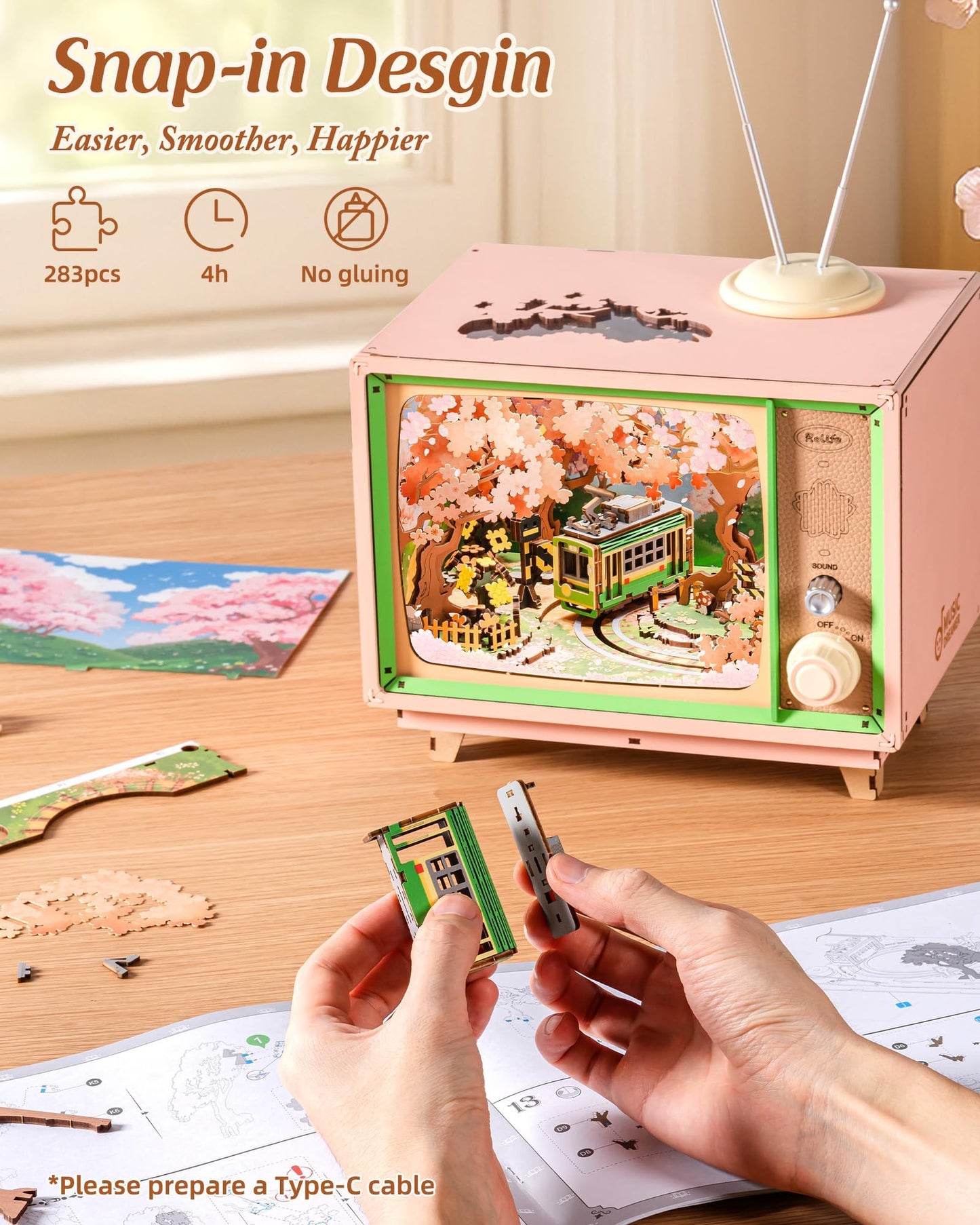 Rolife Sakura Dreamy Tour: 16" 3D Wooden Puzzle Book Nook Kit with Lights & Music Box