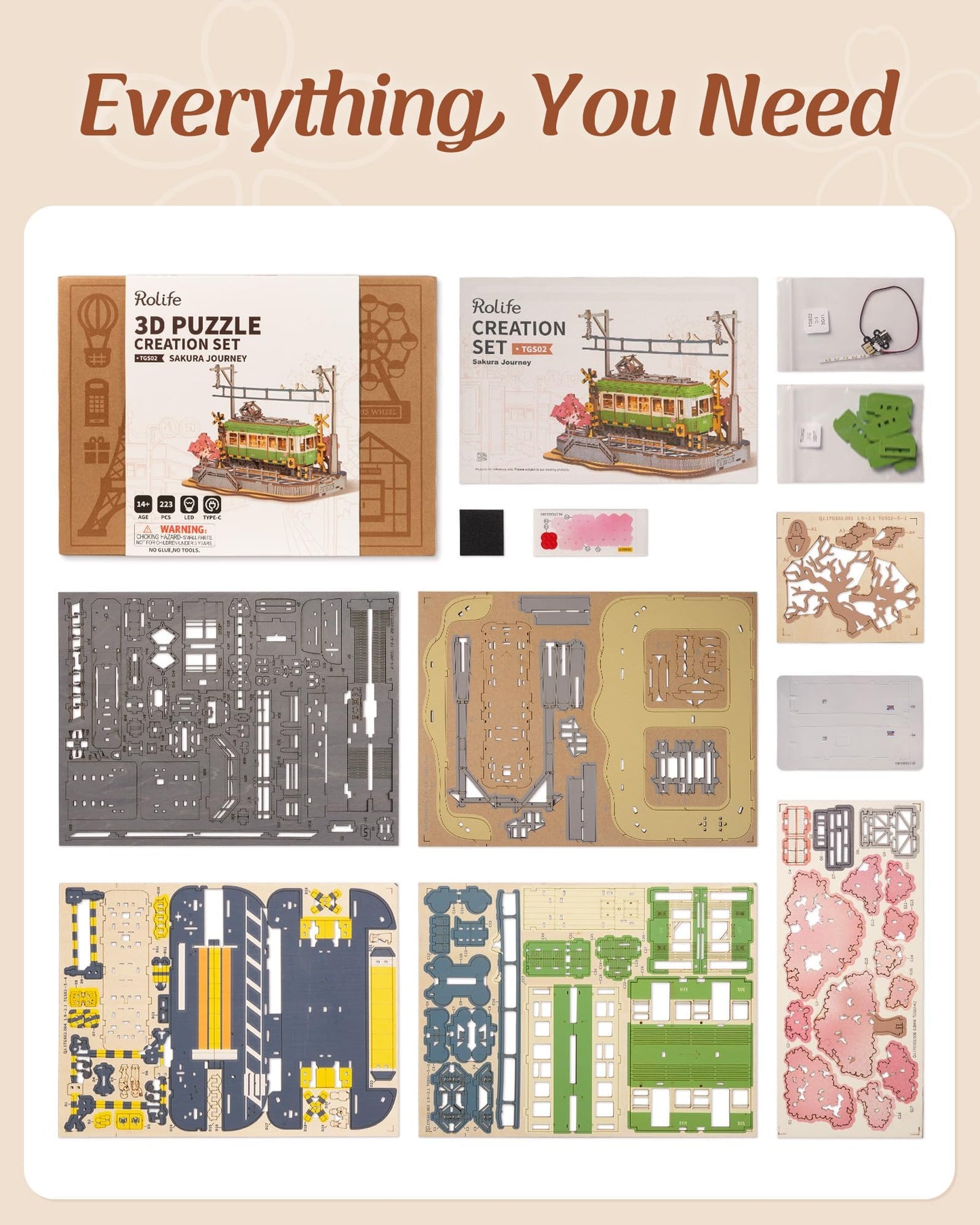 Rolife Sakura Journey Tram 3D Wooden Puzzle with LED Lights – DIY Model Kit