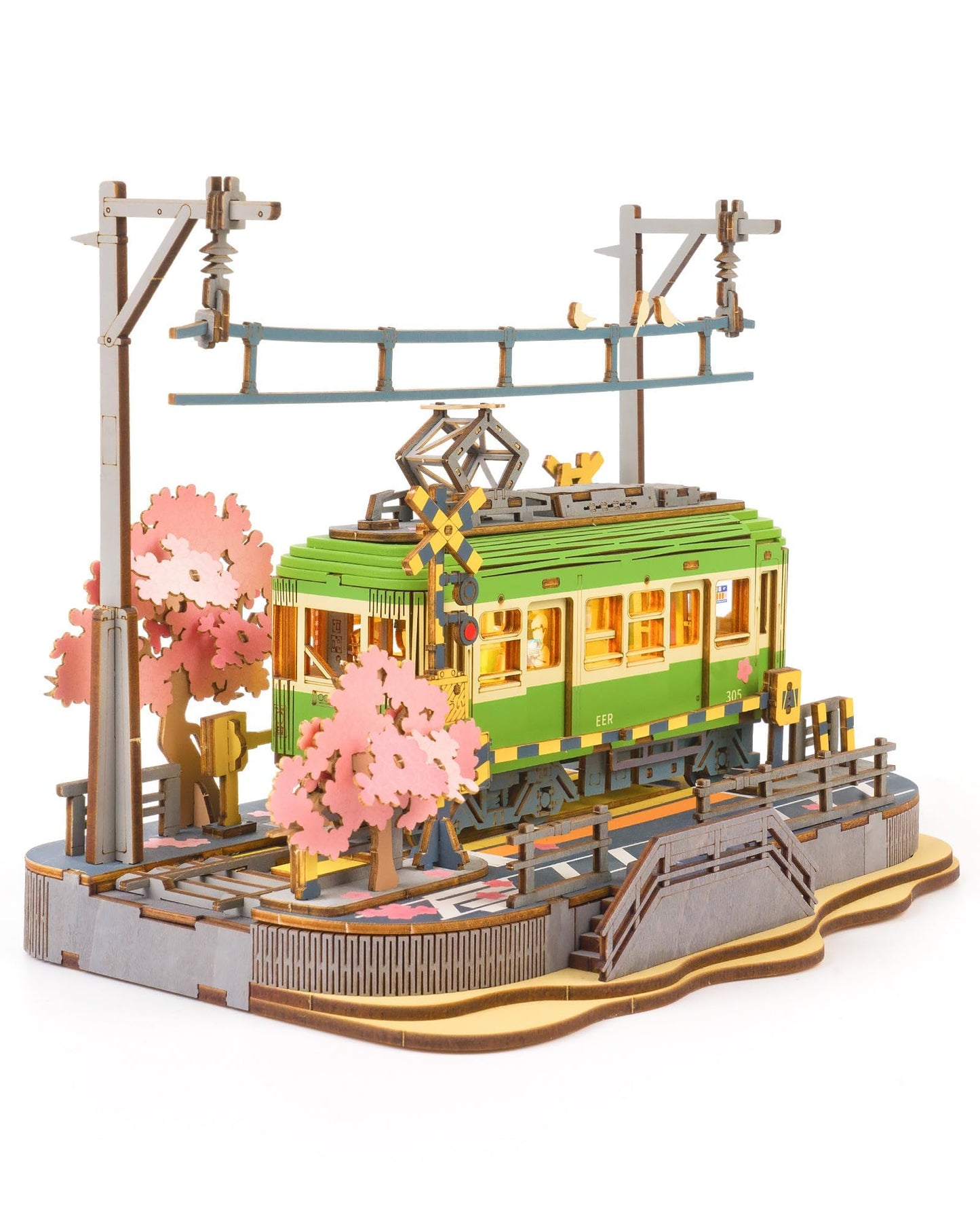 Rolife Sakura Journey Tram 3D Wooden Puzzle with LED Lights – DIY Model Kit