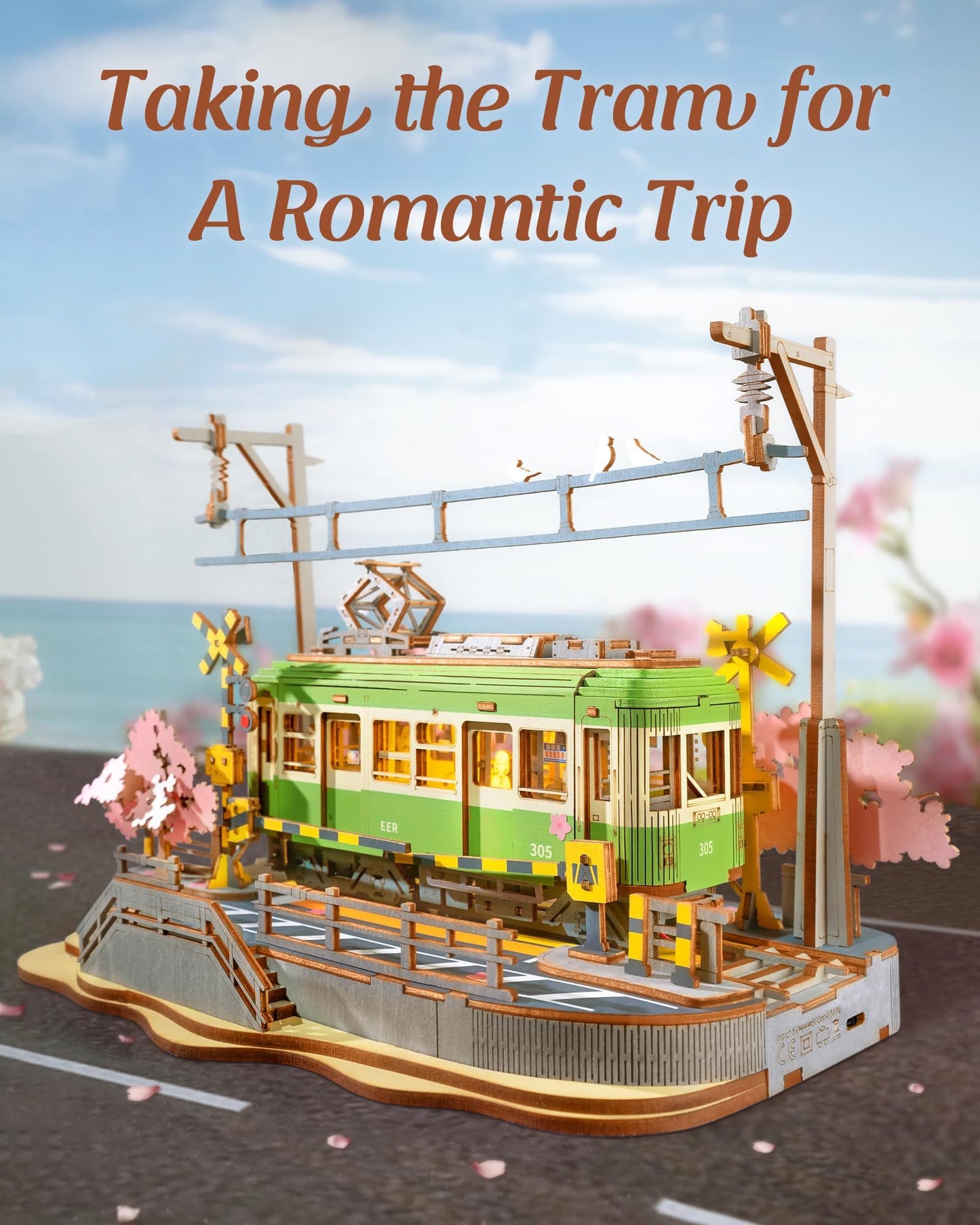 Rolife Sakura Journey Tram 3D Wooden Puzzle with LED Lights – DIY Model Kit