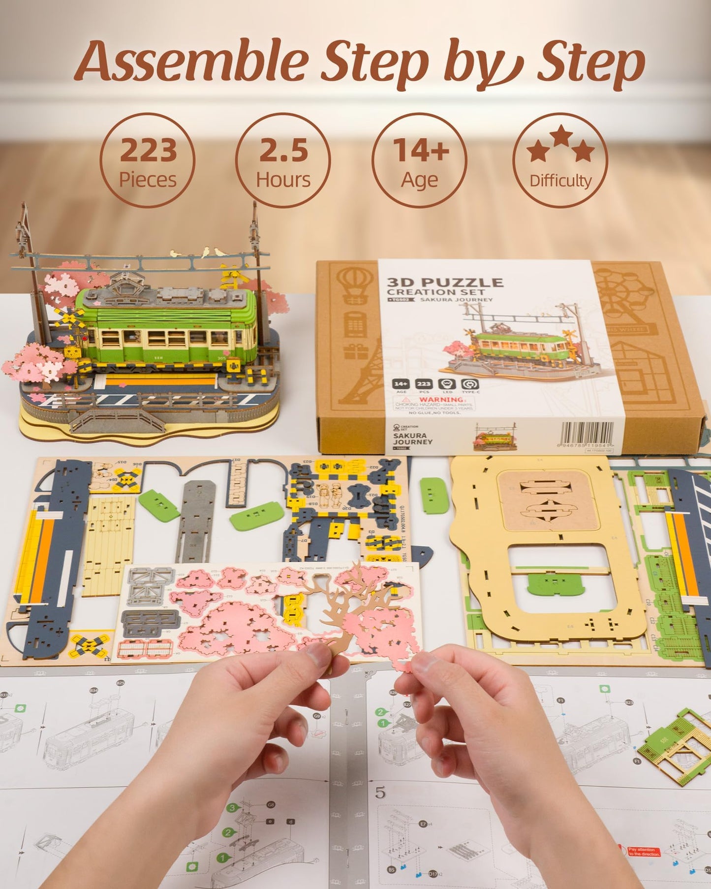 Rolife Sakura Journey Tram 3D Wooden Puzzle with LED Lights – DIY Model Kit