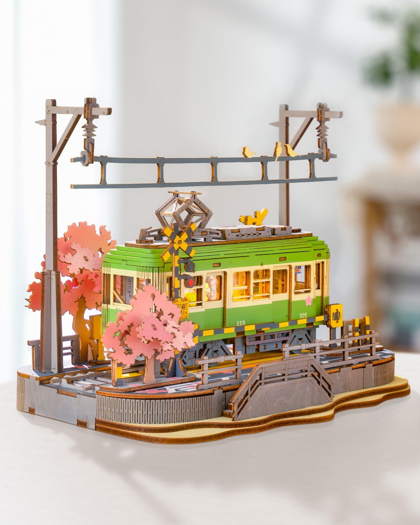 Rolife Sakura Journey Tram 3D Wooden Puzzle with LED Lights – DIY Model Kit